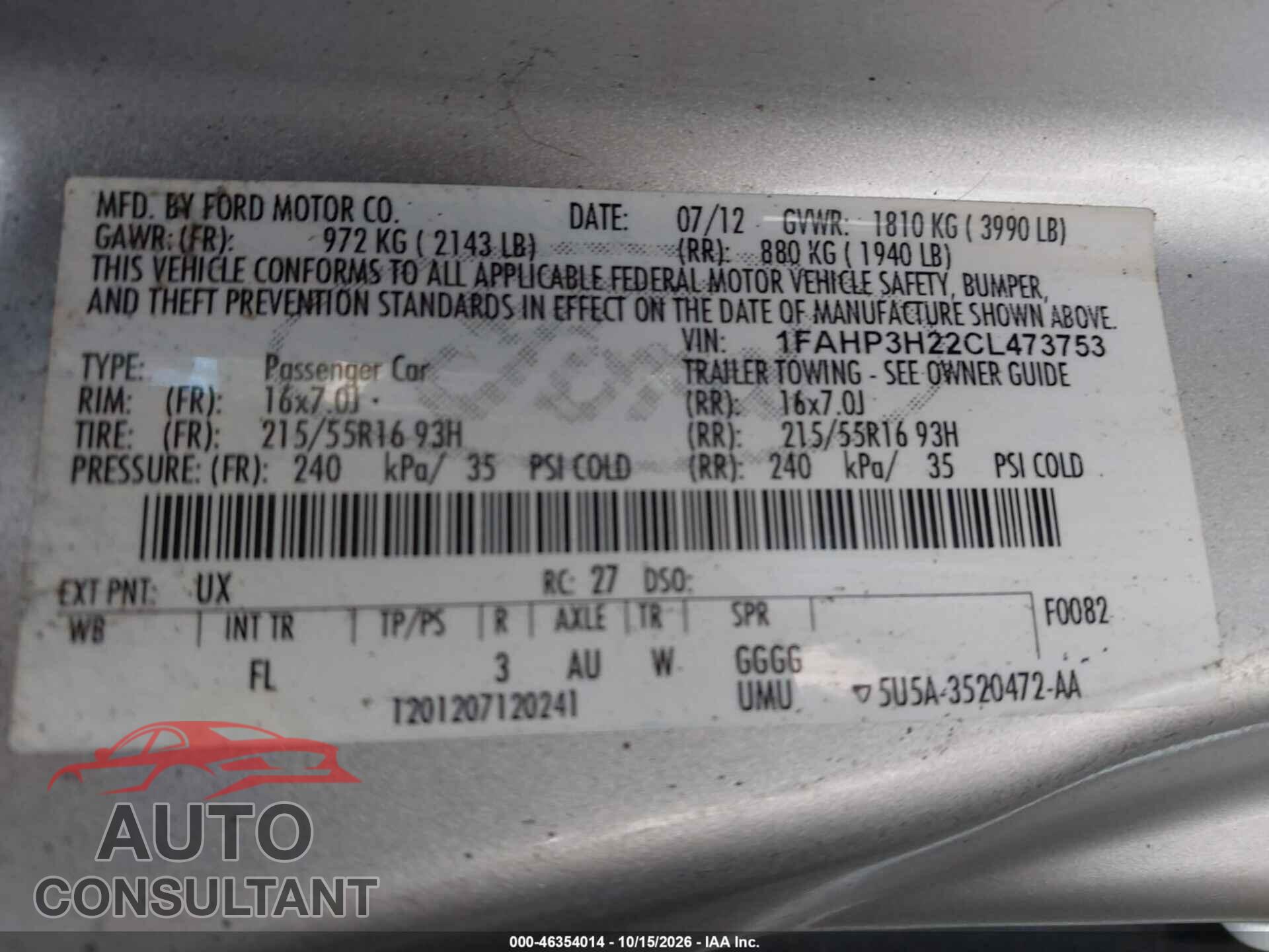 FORD FOCUS 2012 - 1FAHP3H22CL473753