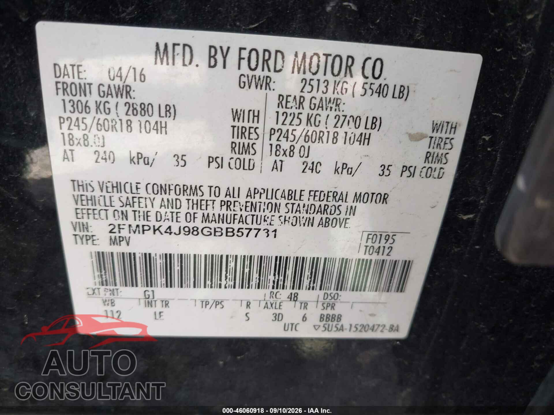 FORD EDGE 2016 - 2FMPK4J98GBB57731