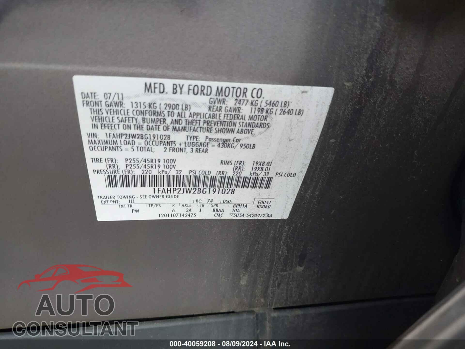 FORD TAURUS 2011 - 1FAHP2JW2BG191028