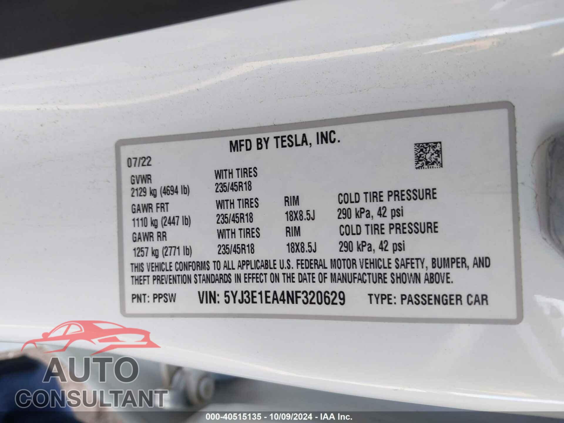TESLA MODEL 3 2022 - 5YJ3E1EA4NF320629