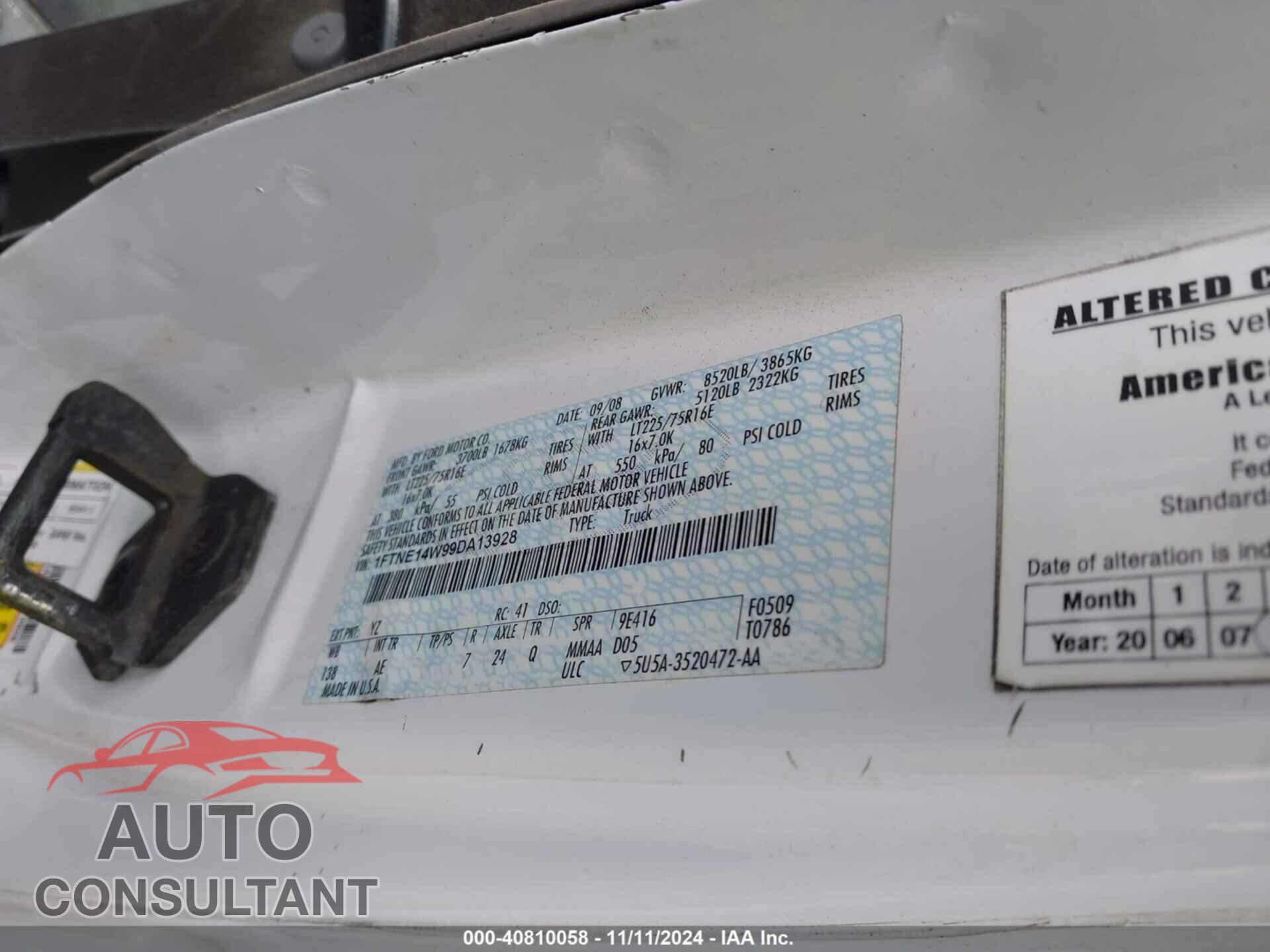FORD E-150 2009 - 1FTNE14W99DA13928