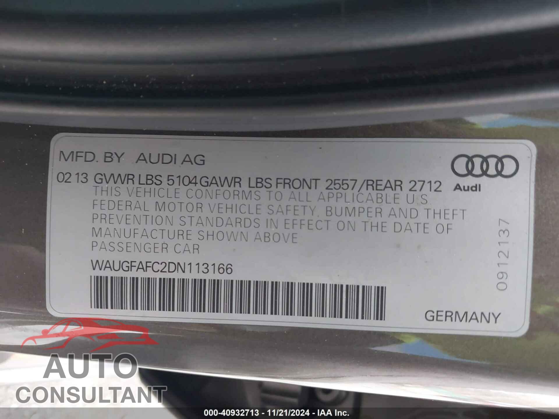 AUDI A6 2013 - WAUGFAFC2DN113166