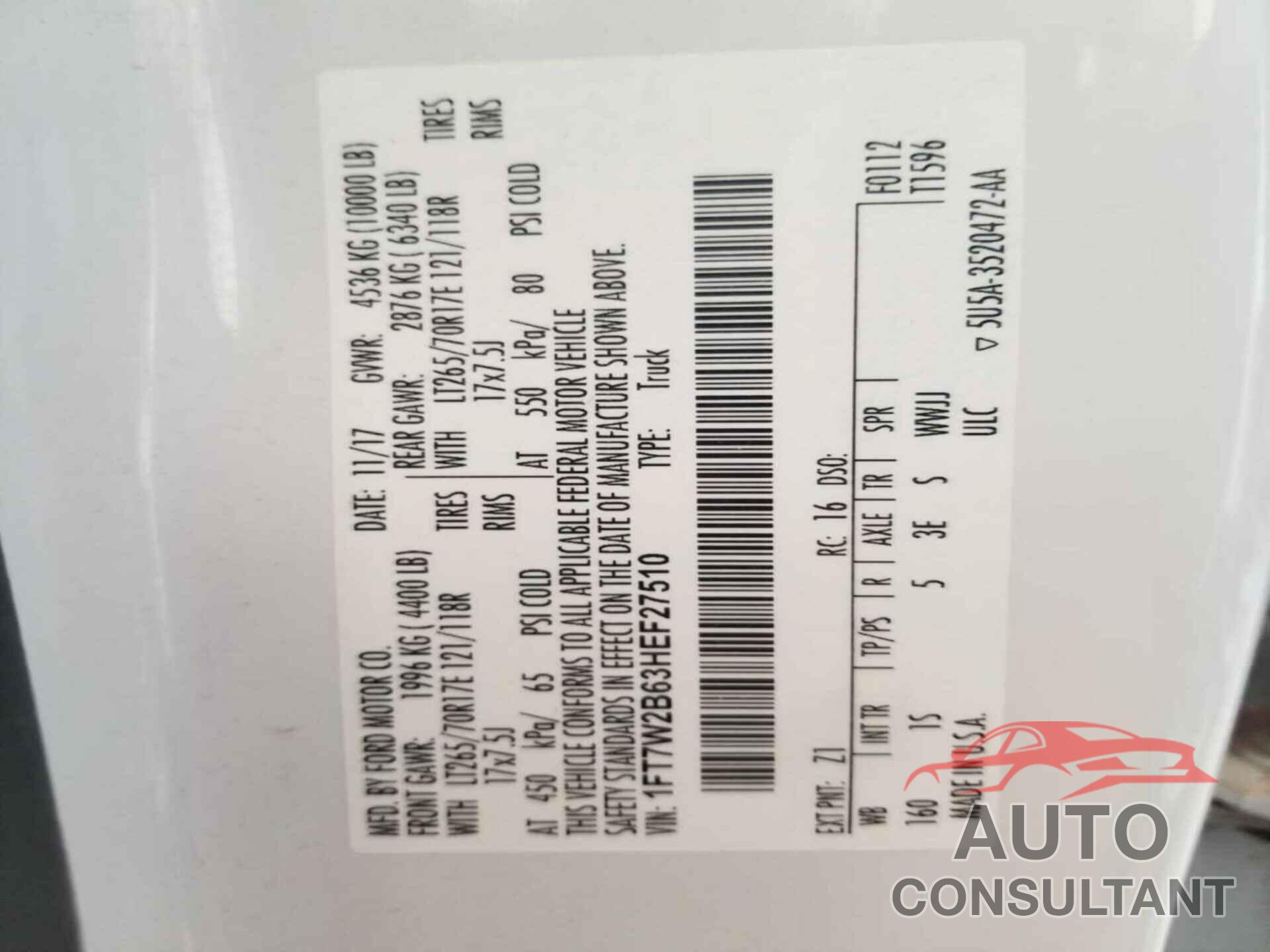 FORD F250 2017 - 1FT7W2B63HEF27510