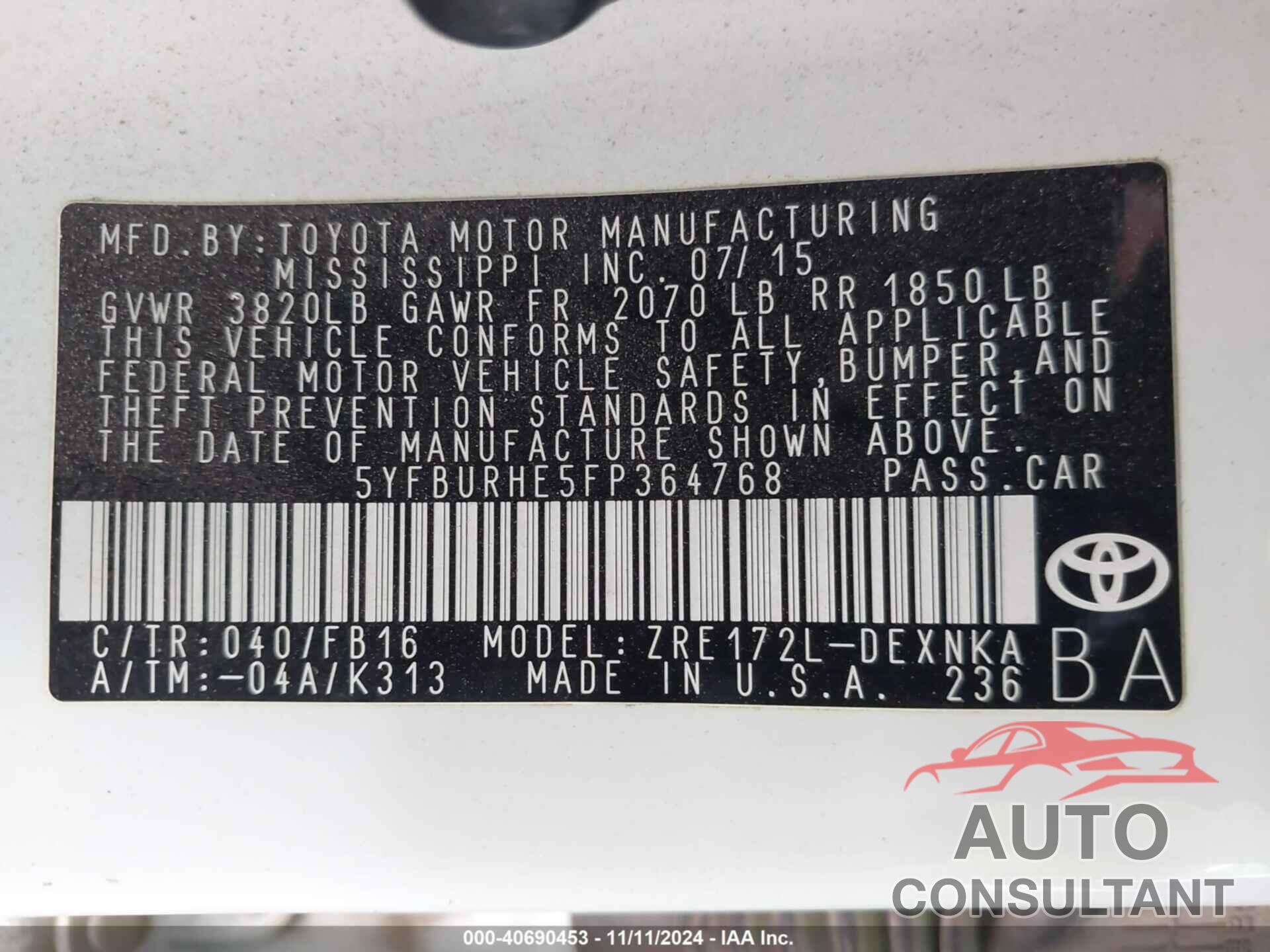 TOYOTA COROLLA 2015 - 5YFBURHE5FP364768