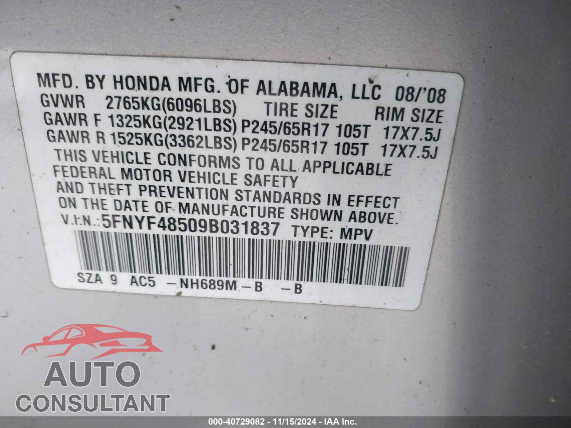 HONDA PILOT 2009 - 5FNYF48509B031837
