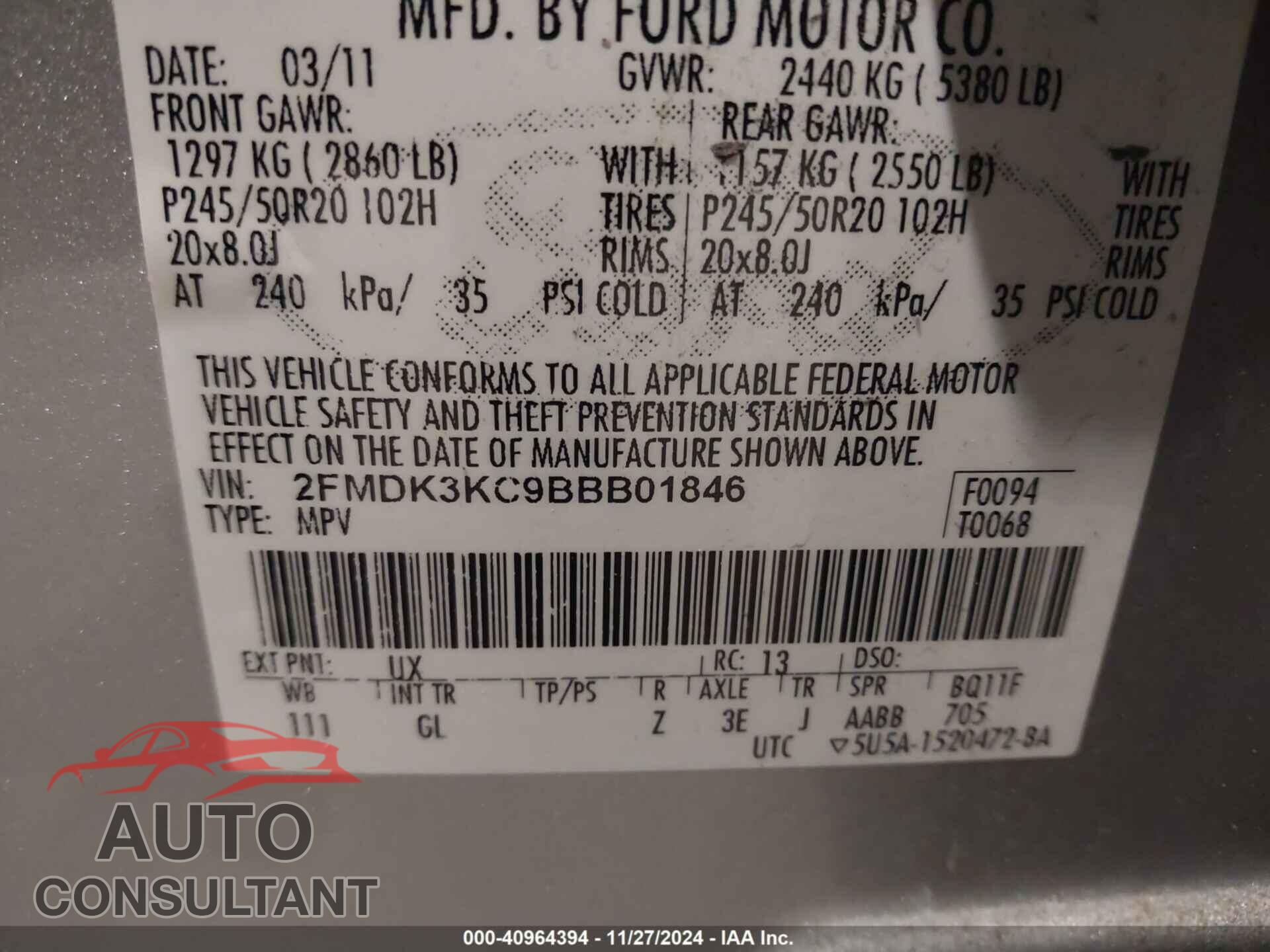 FORD EDGE 2011 - 2FMDK3KC9BBB01846
