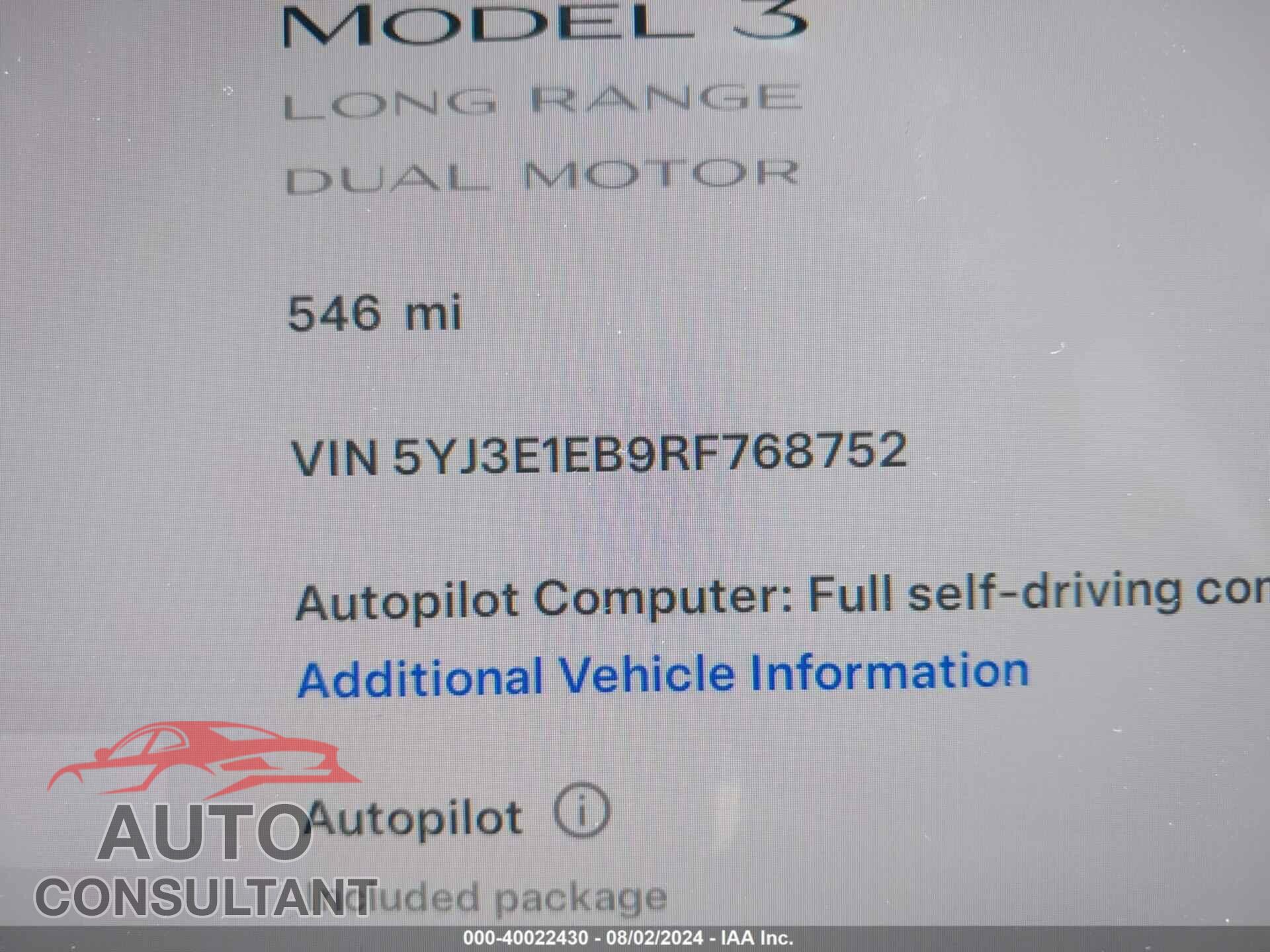 TESLA MODEL 3 2024 - 5YJ3E1EB9RF768752