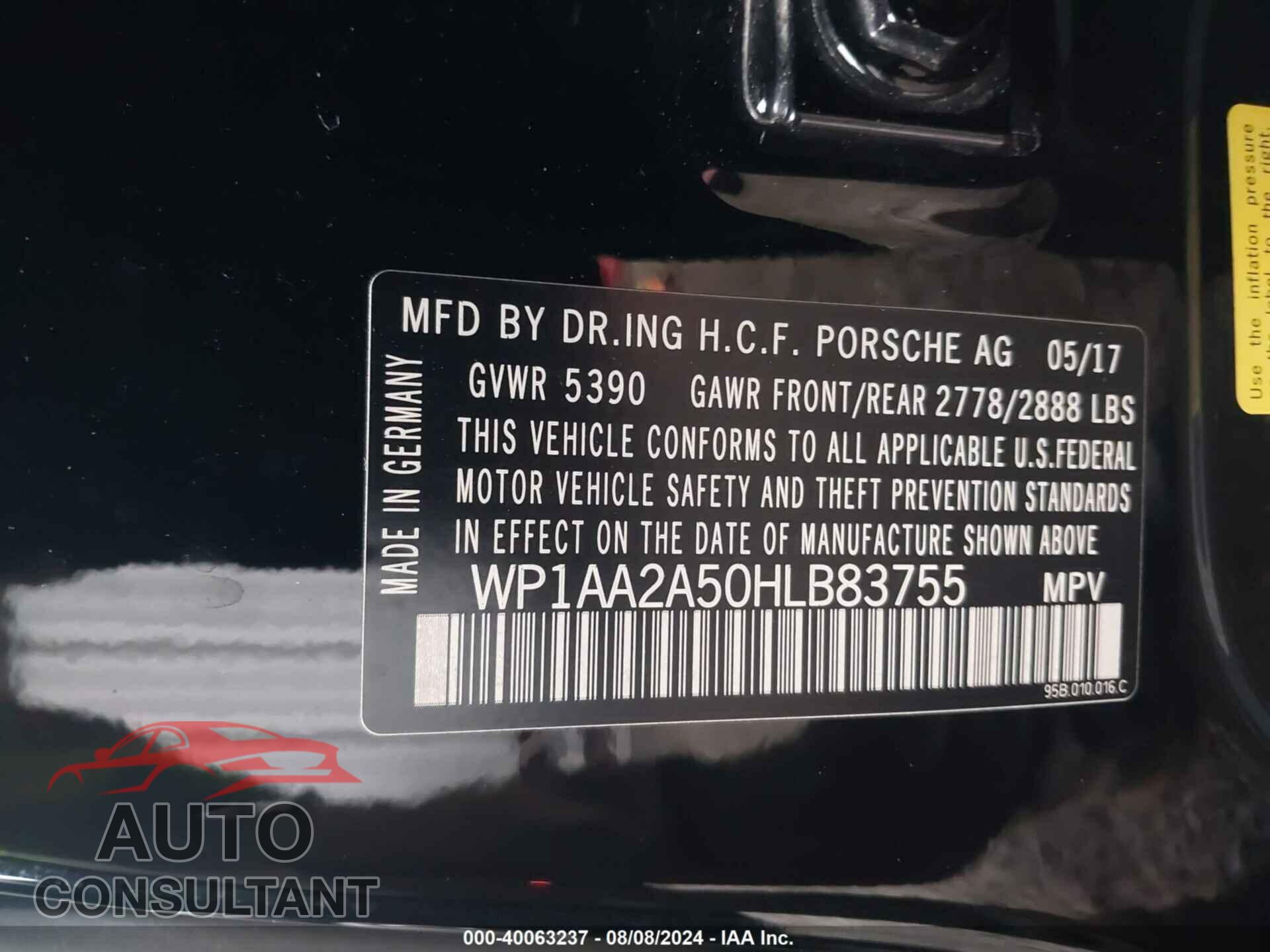 PORSCHE MACAN 2017 - WP1AA2A50HLB83755