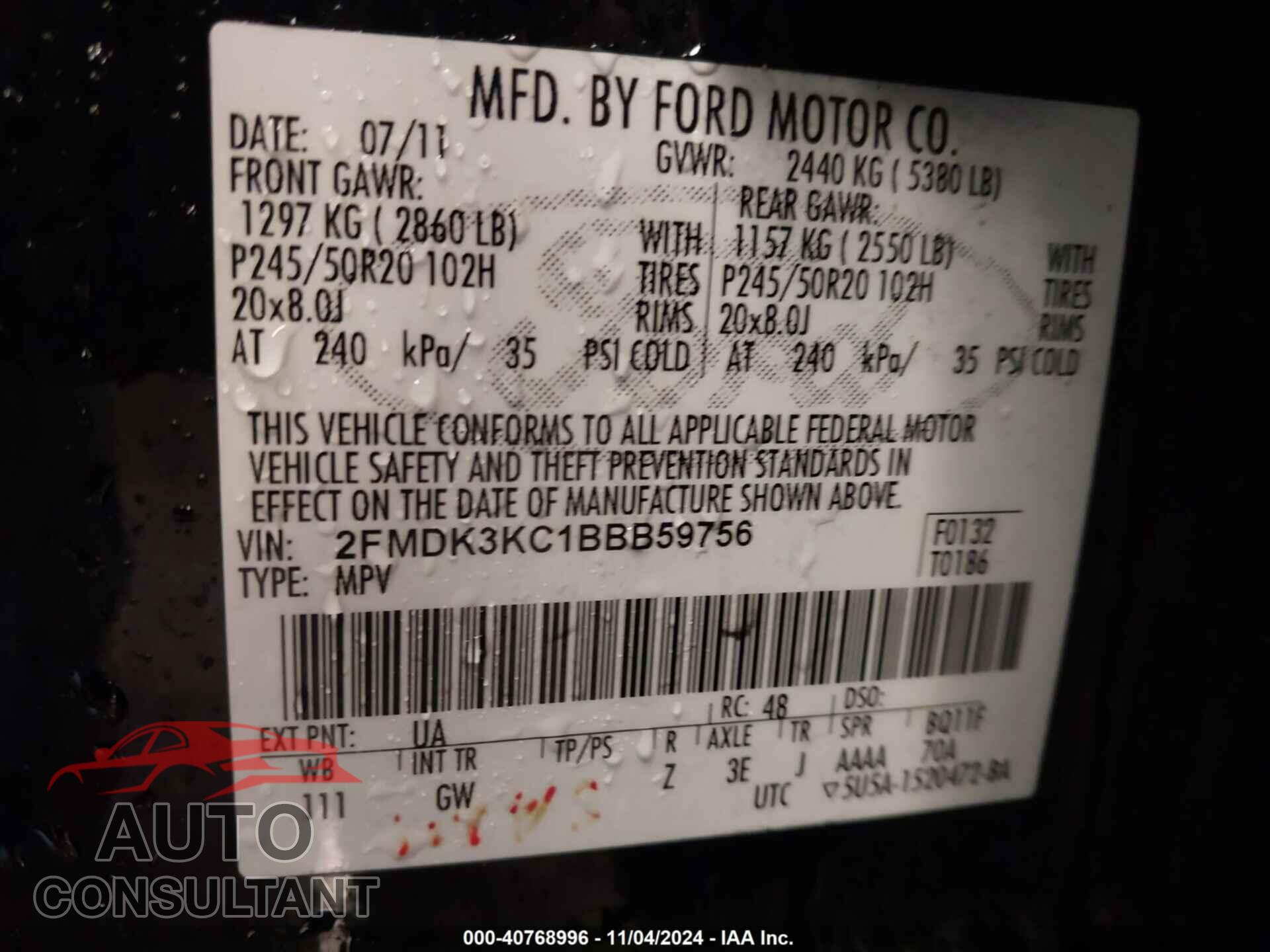 FORD EDGE 2011 - 2FMDK3KC1BBB59756