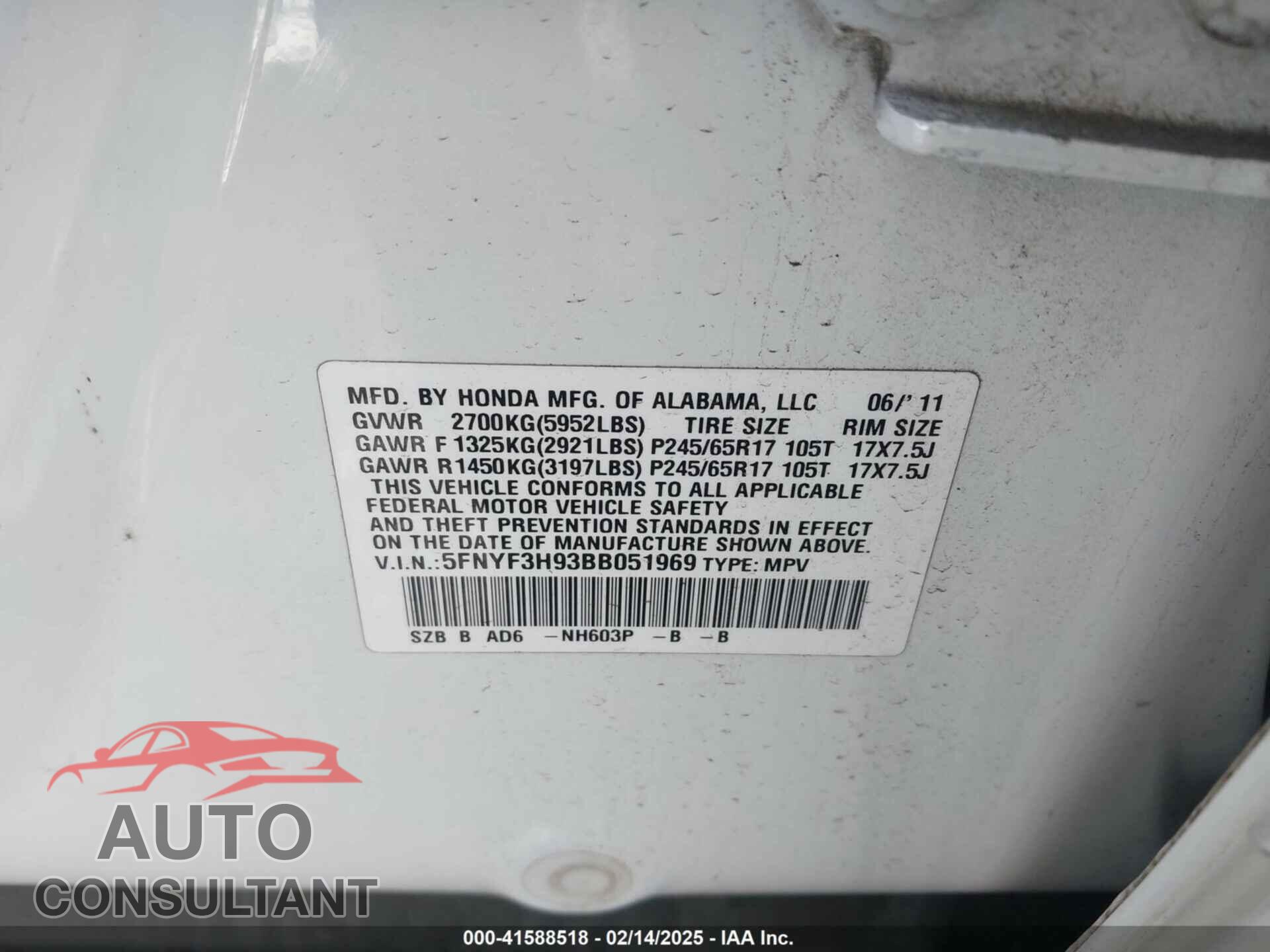 HONDA PILOT 2011 - 5FNYF3H93BB051969