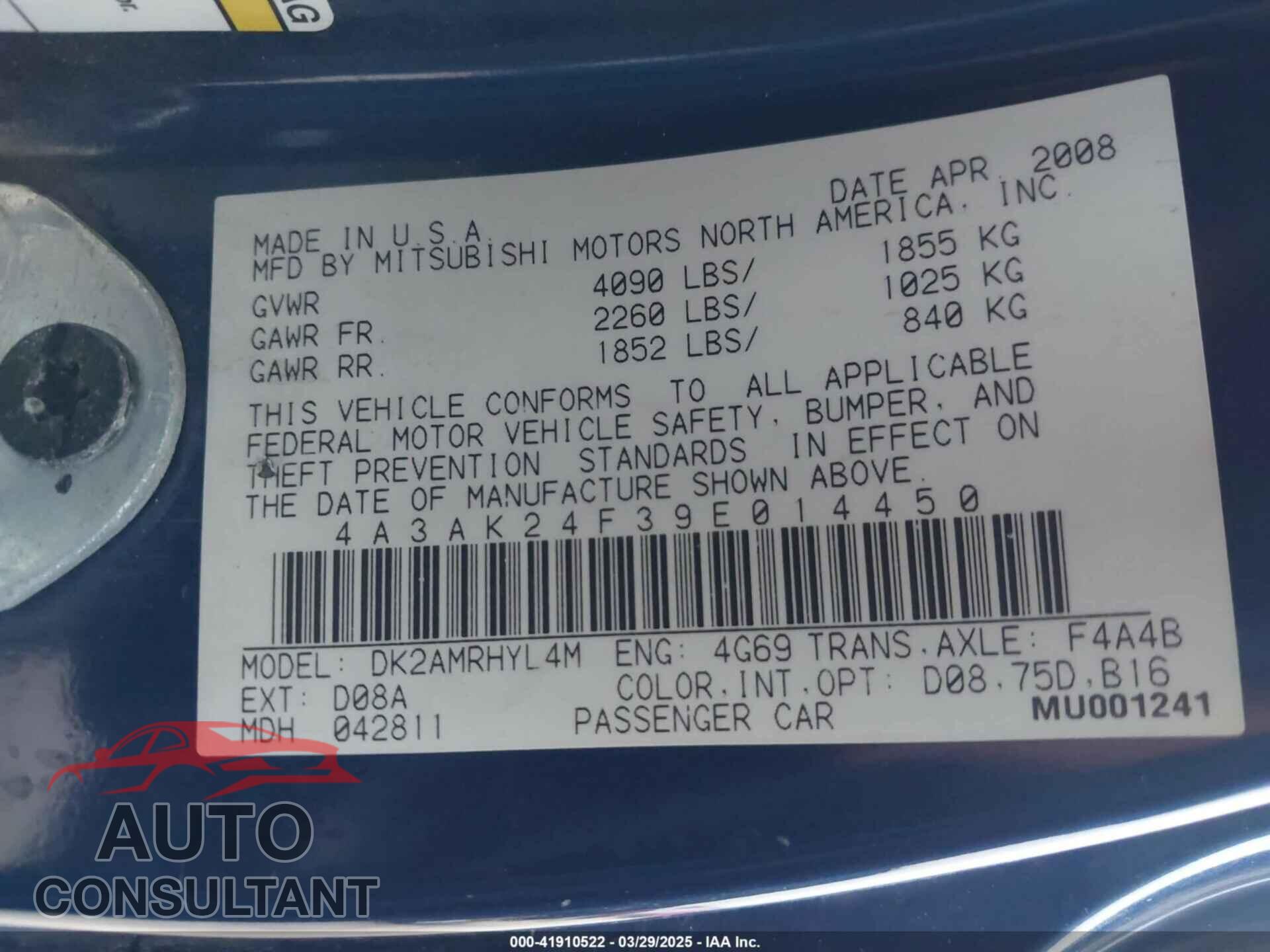 MITSUBISHI ECLIPSE 2009 - 4A3AK24F39E014450