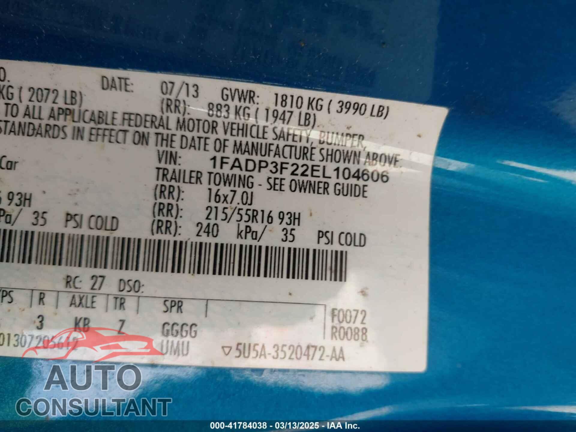 FORD FOCUS 2014 - 1FADP3F22EL104606