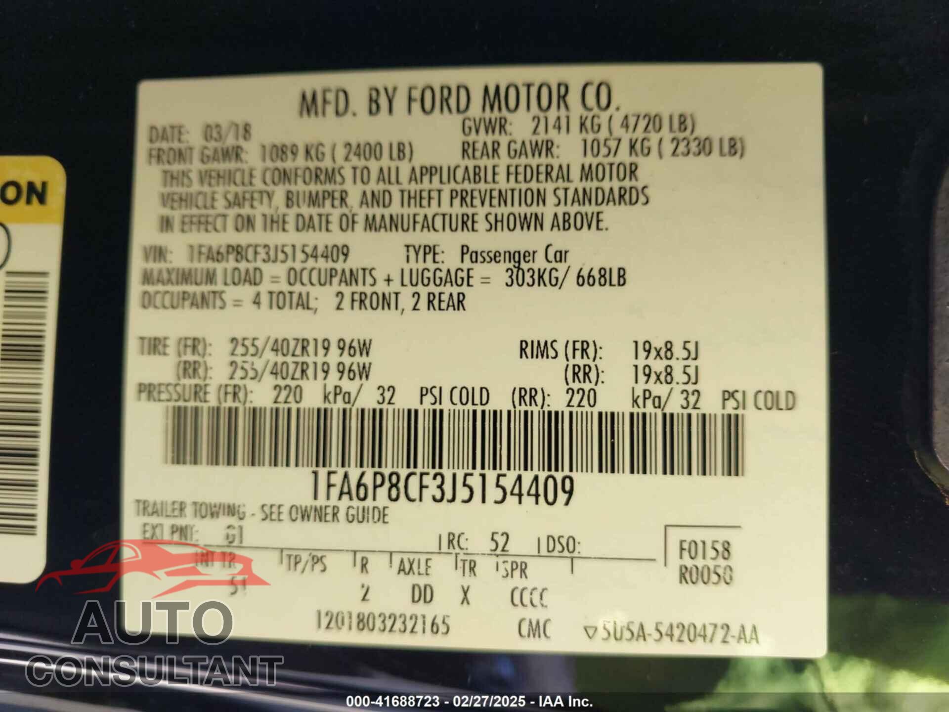 FORD MUSTANG 2018 - 1FA6P8CF3J5154409