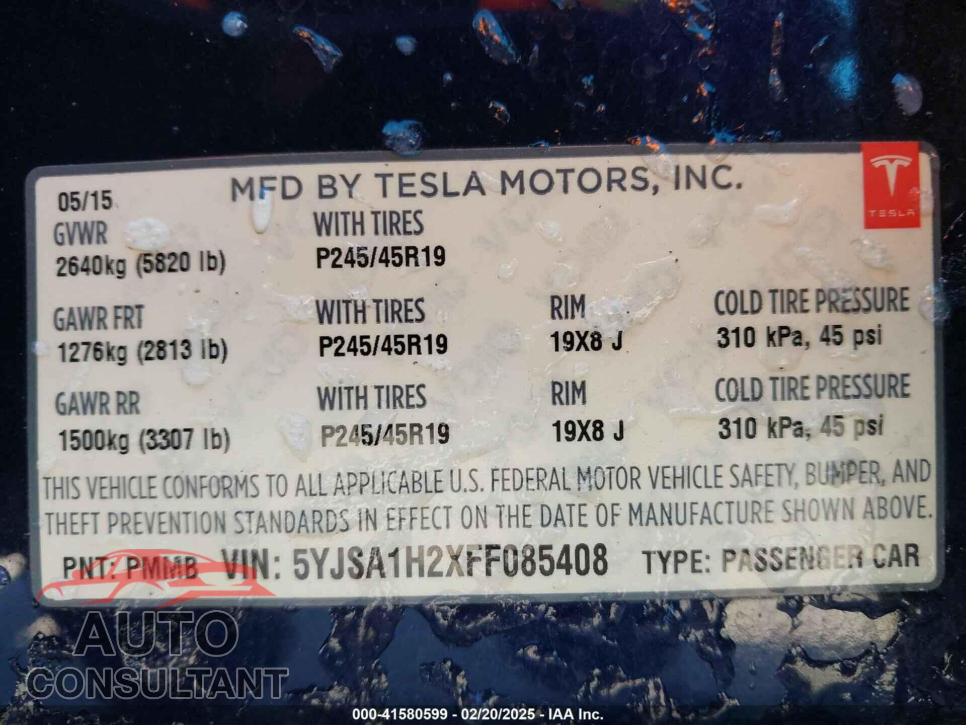 TESLA MODEL S 2015 - 5YJSA1H2XFF085408