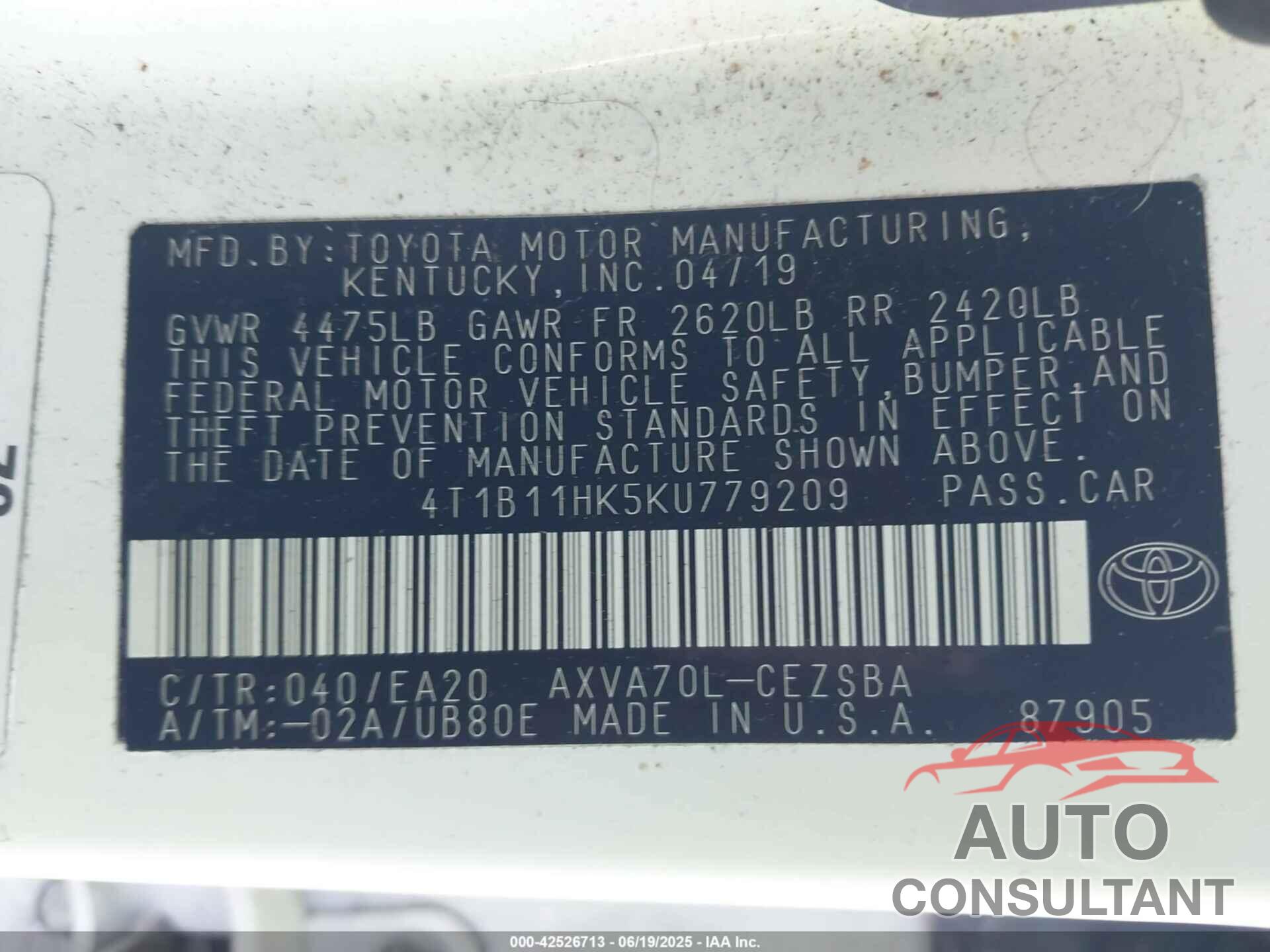 TOYOTA CAMRY 2019 - 4T1B11HK5KU779209