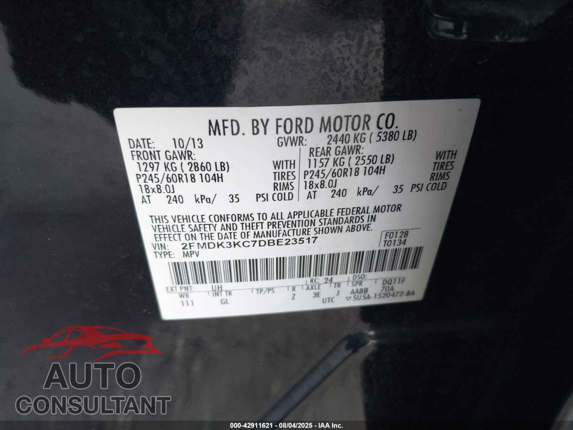 FORD EDGE 2013 - 2FMDK3KC7DBE23517