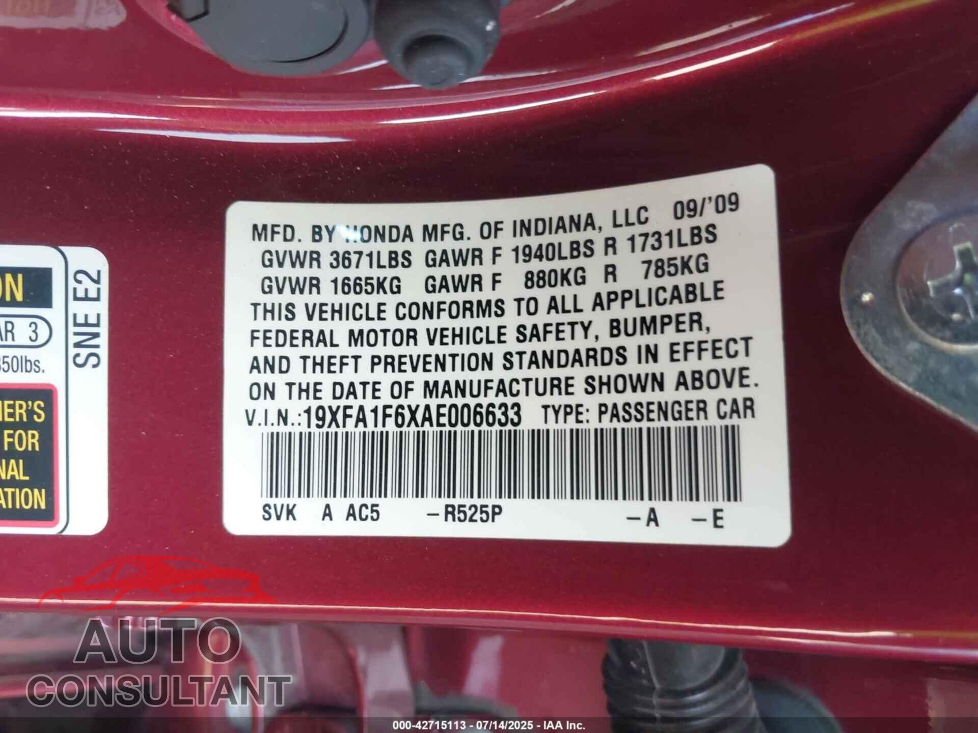 HONDA CIVIC 2010 - 19XFA1F6XAE006633