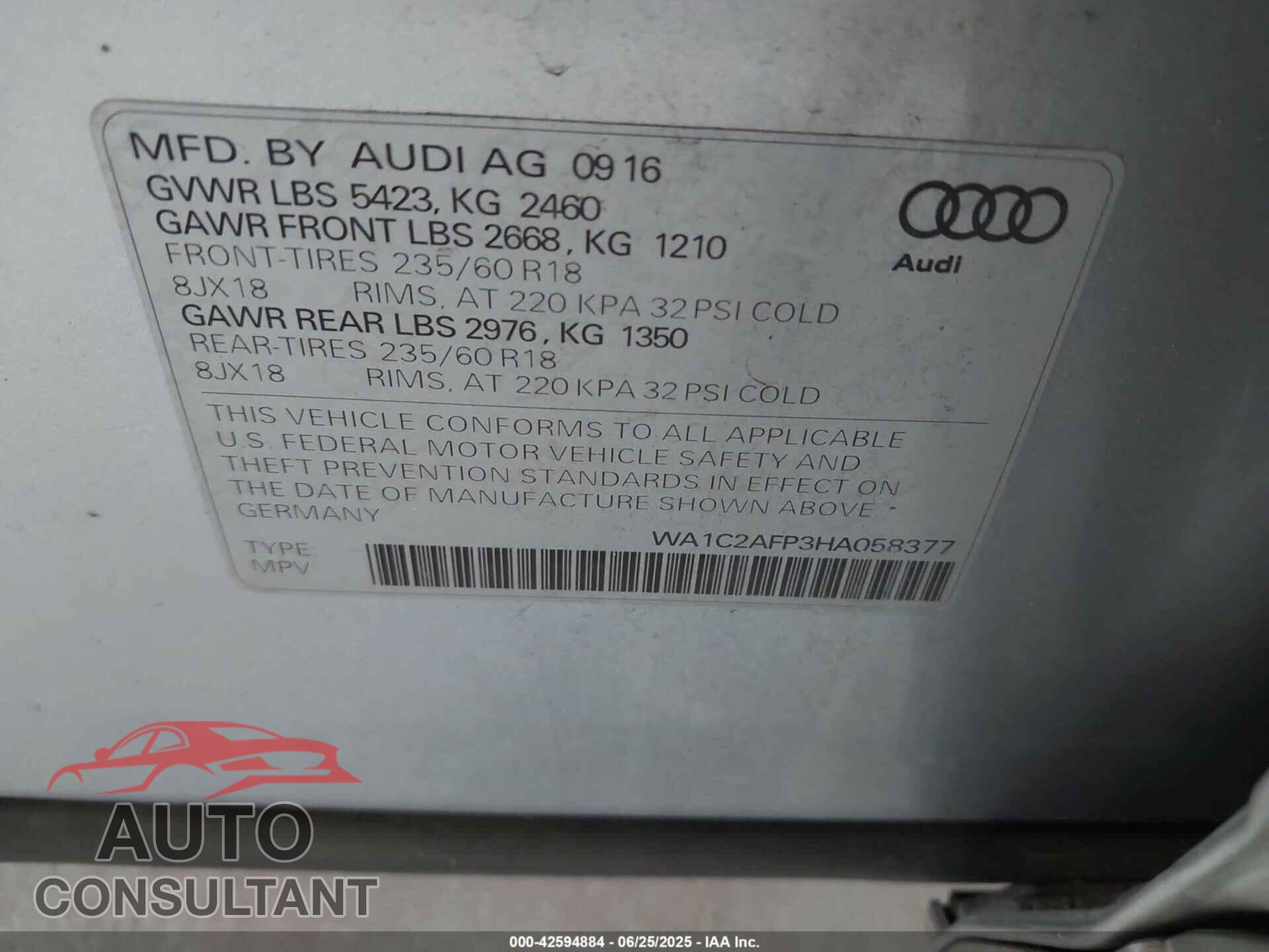 AUDI Q5 2017 - WA1C2AFP3HA058377