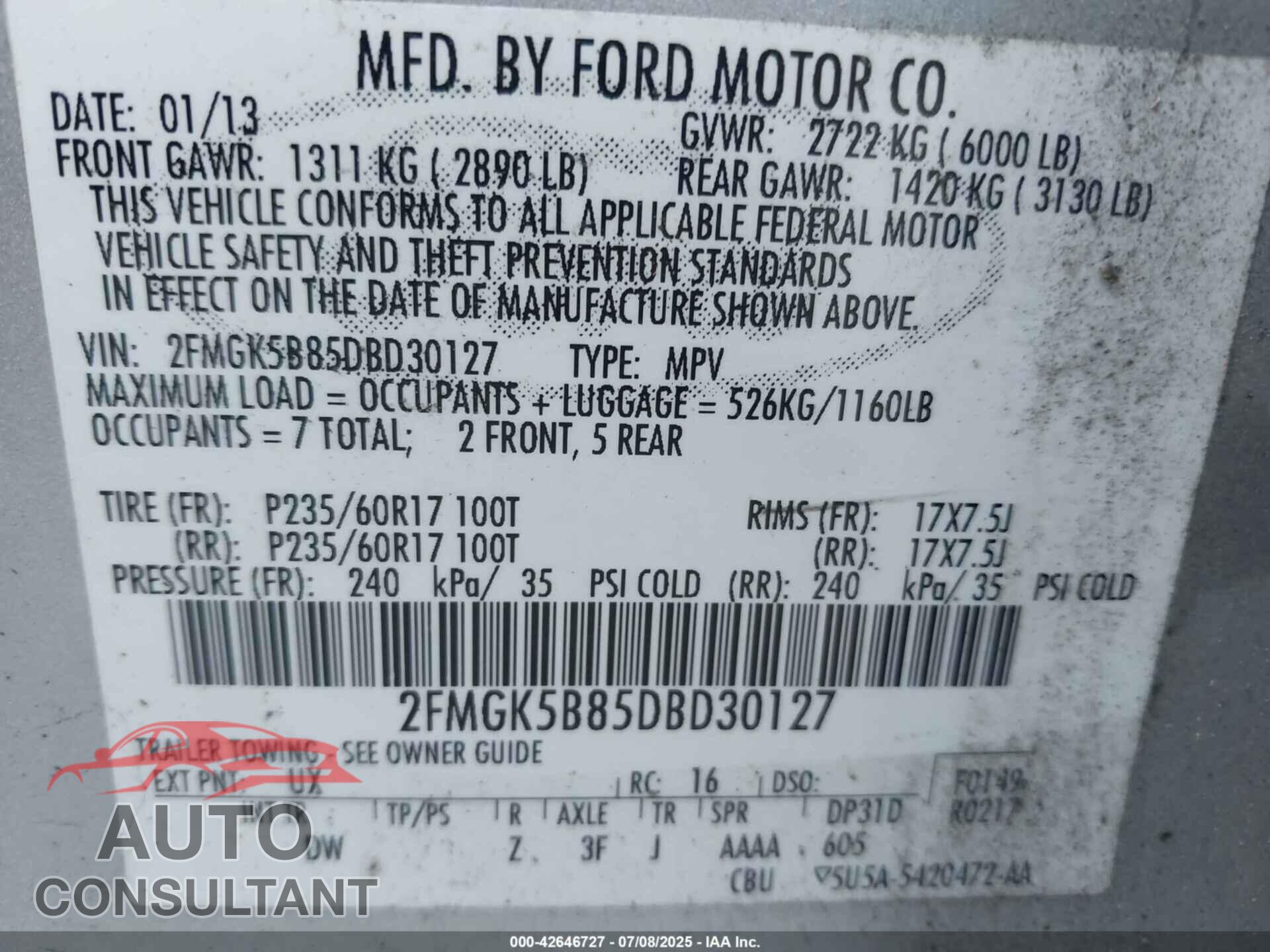 FORD FLEX 2013 - 2FMGK5B85DBD30127