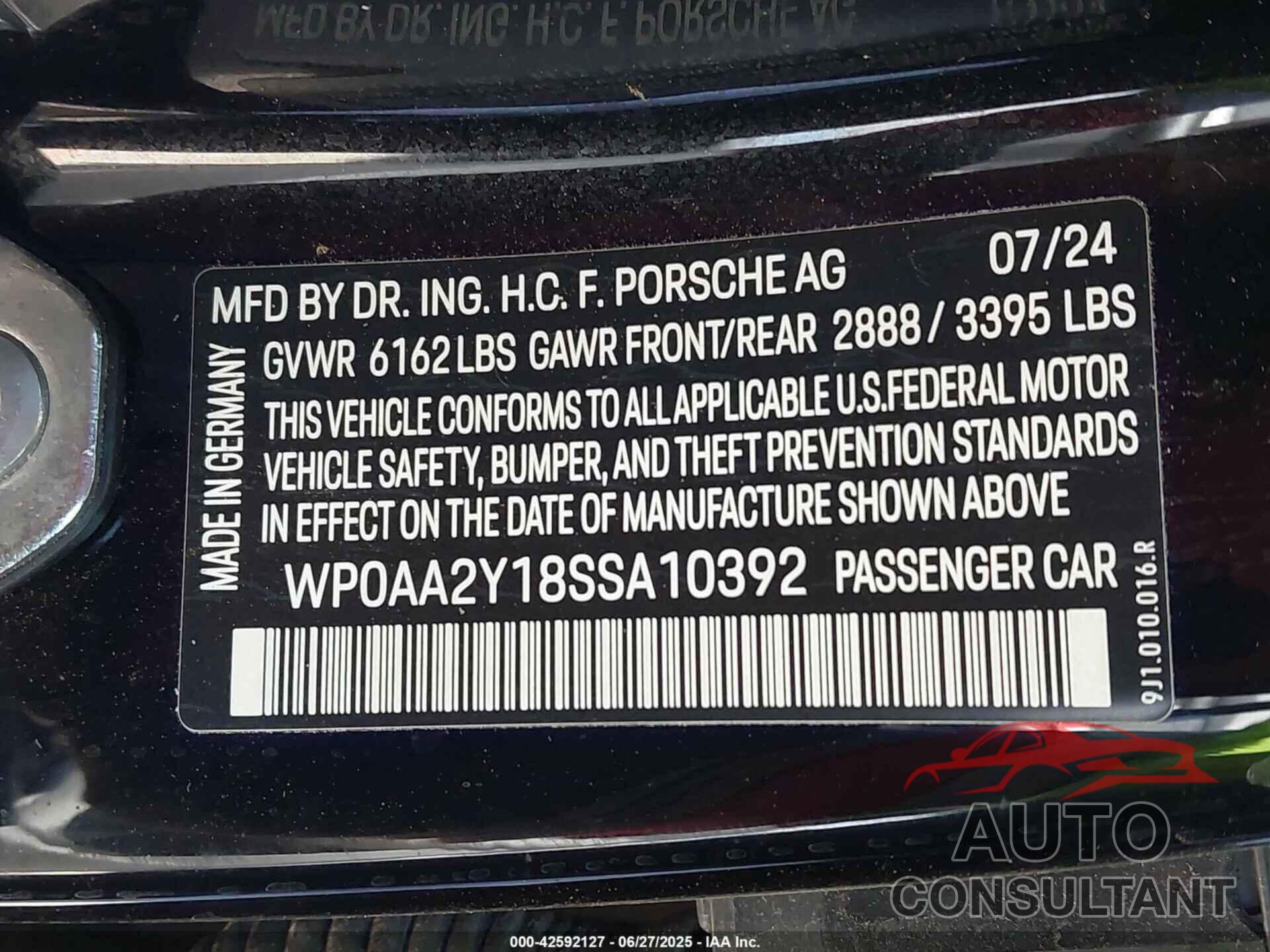 PORSCHE TAYCAN 2025 - WP0AA2Y18SSA10392