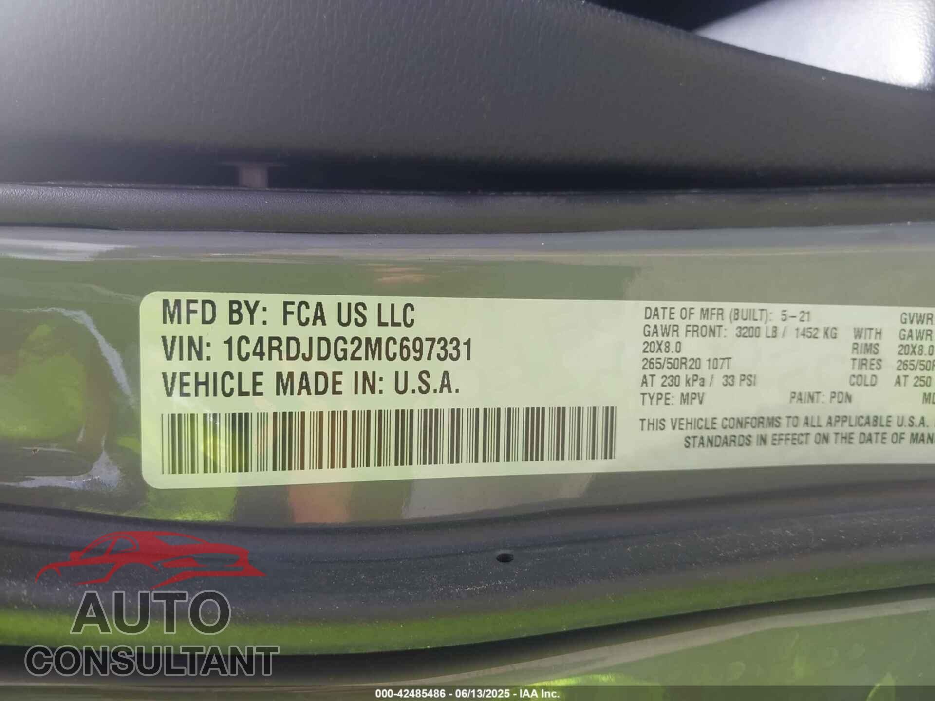 DODGE DURANGO 2021 - 1C4RDJDG2MC697331