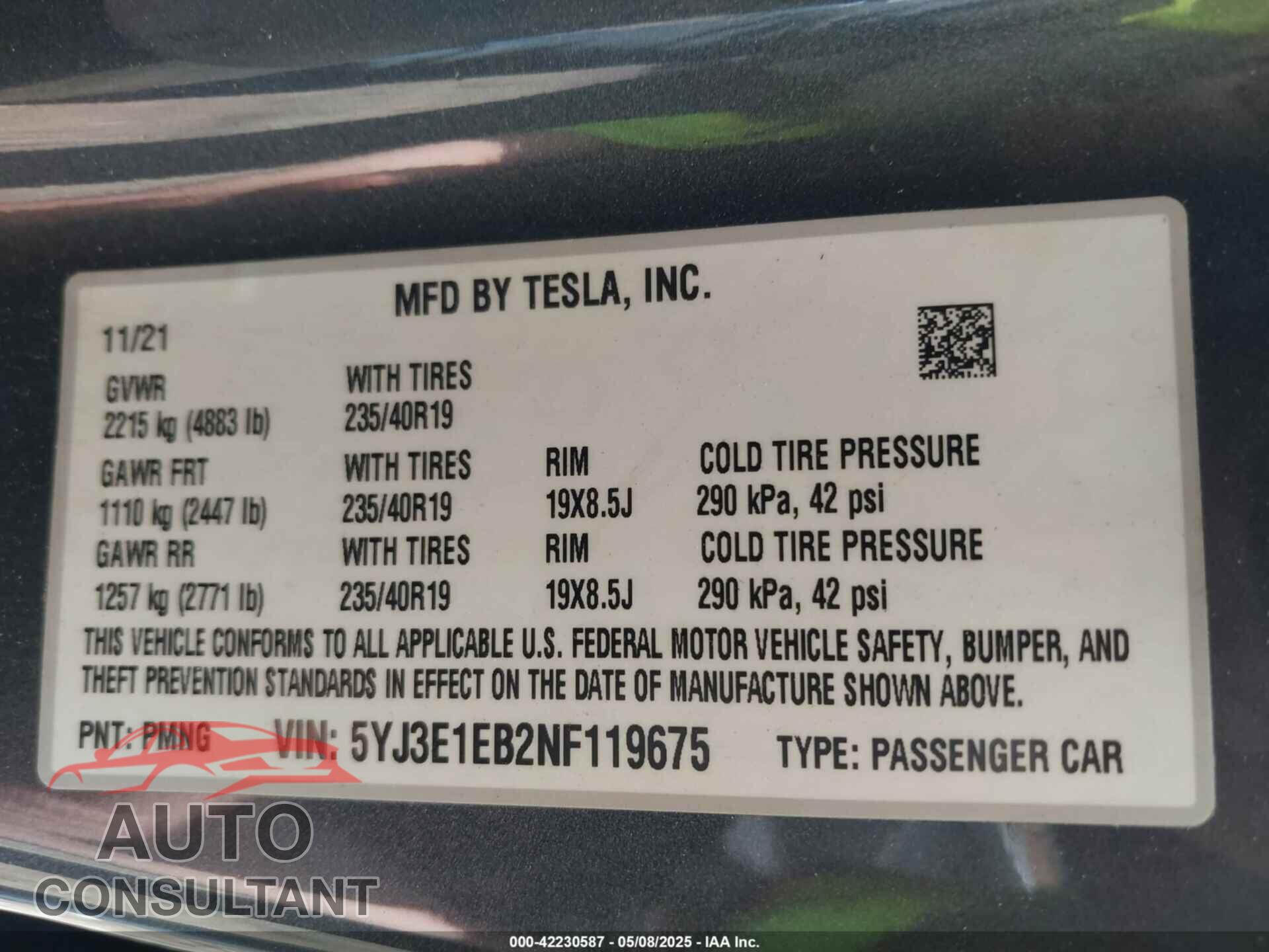 TESLA MODEL 3 2022 - 5YJ3E1EB2NF119675
