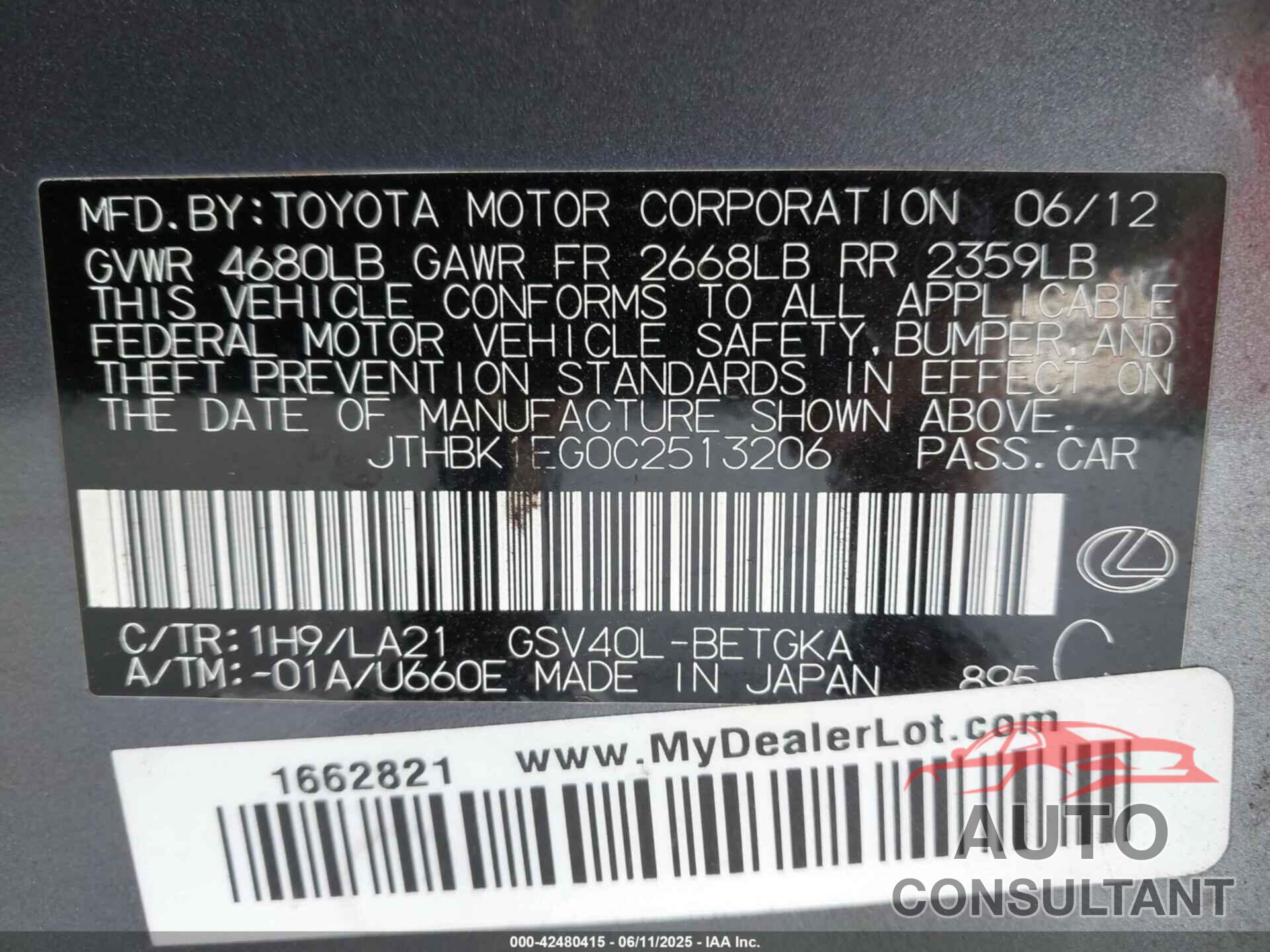 LEXUS ES 350 2012 - JTHBK1EG0C2513206