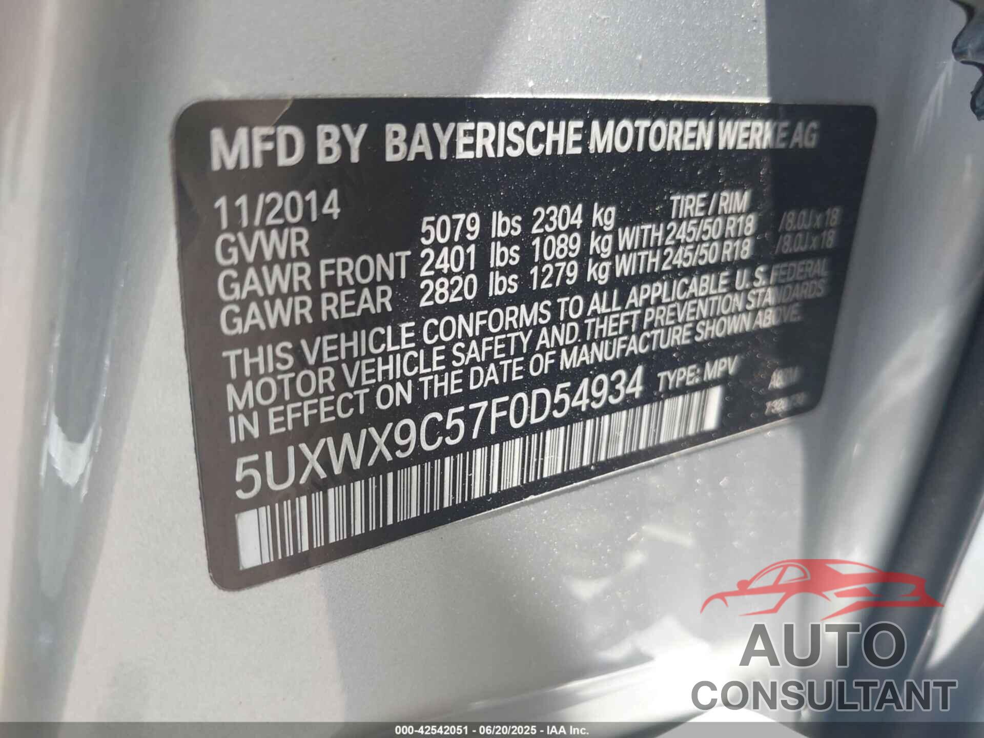 BMW X3 2015 - 5UXWX9C57F0D54934