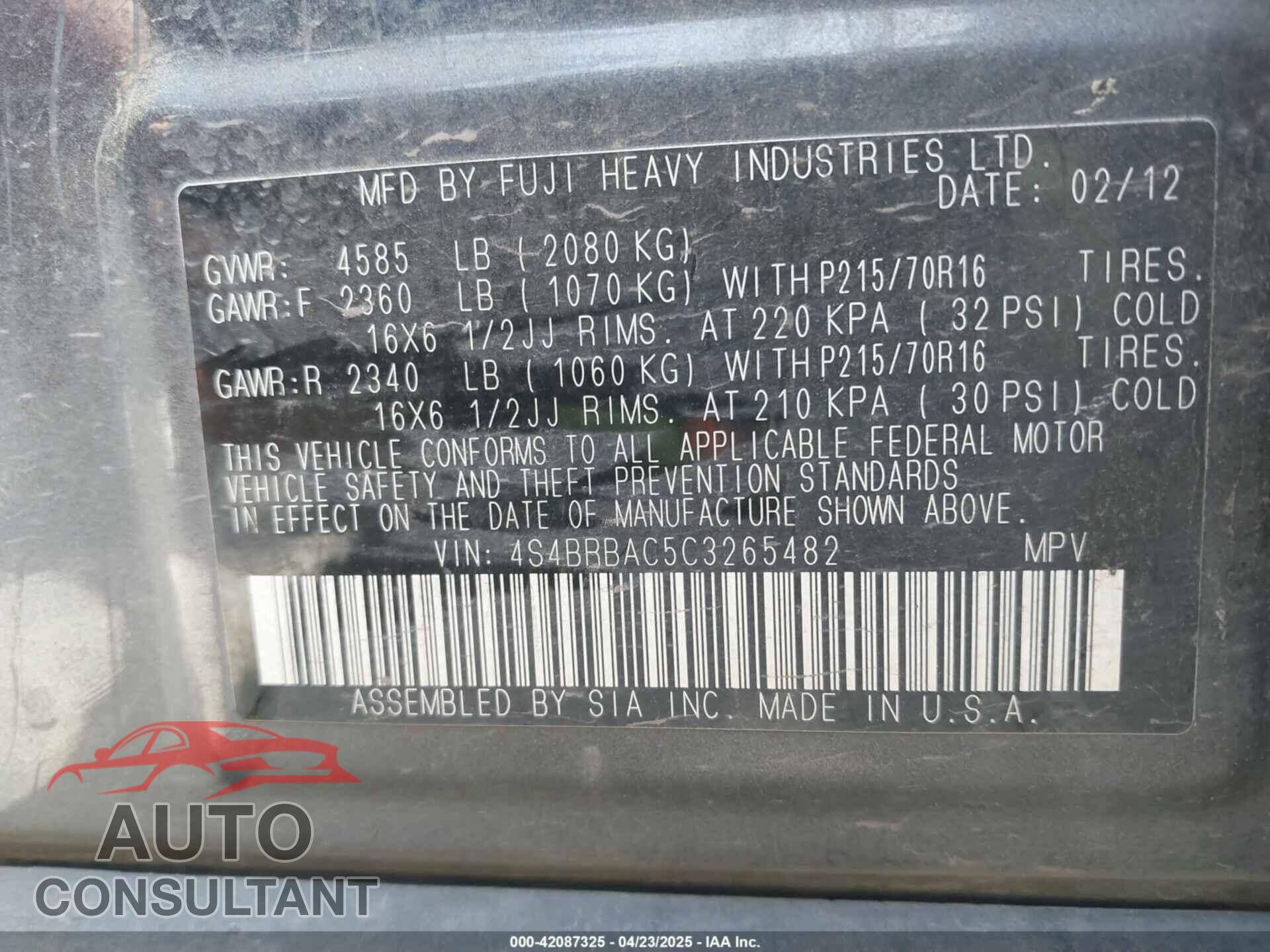 SUBARU OUTBACK 2012 - 4S4BRBAC5C3265482