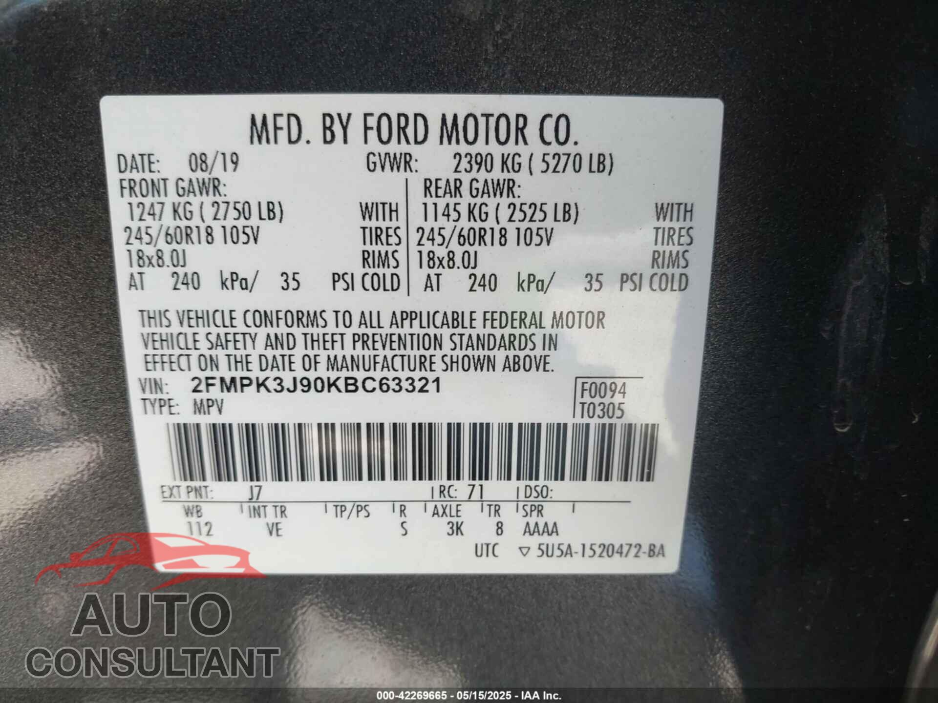 FORD EDGE 2019 - 2FMPK3J90KBC63321