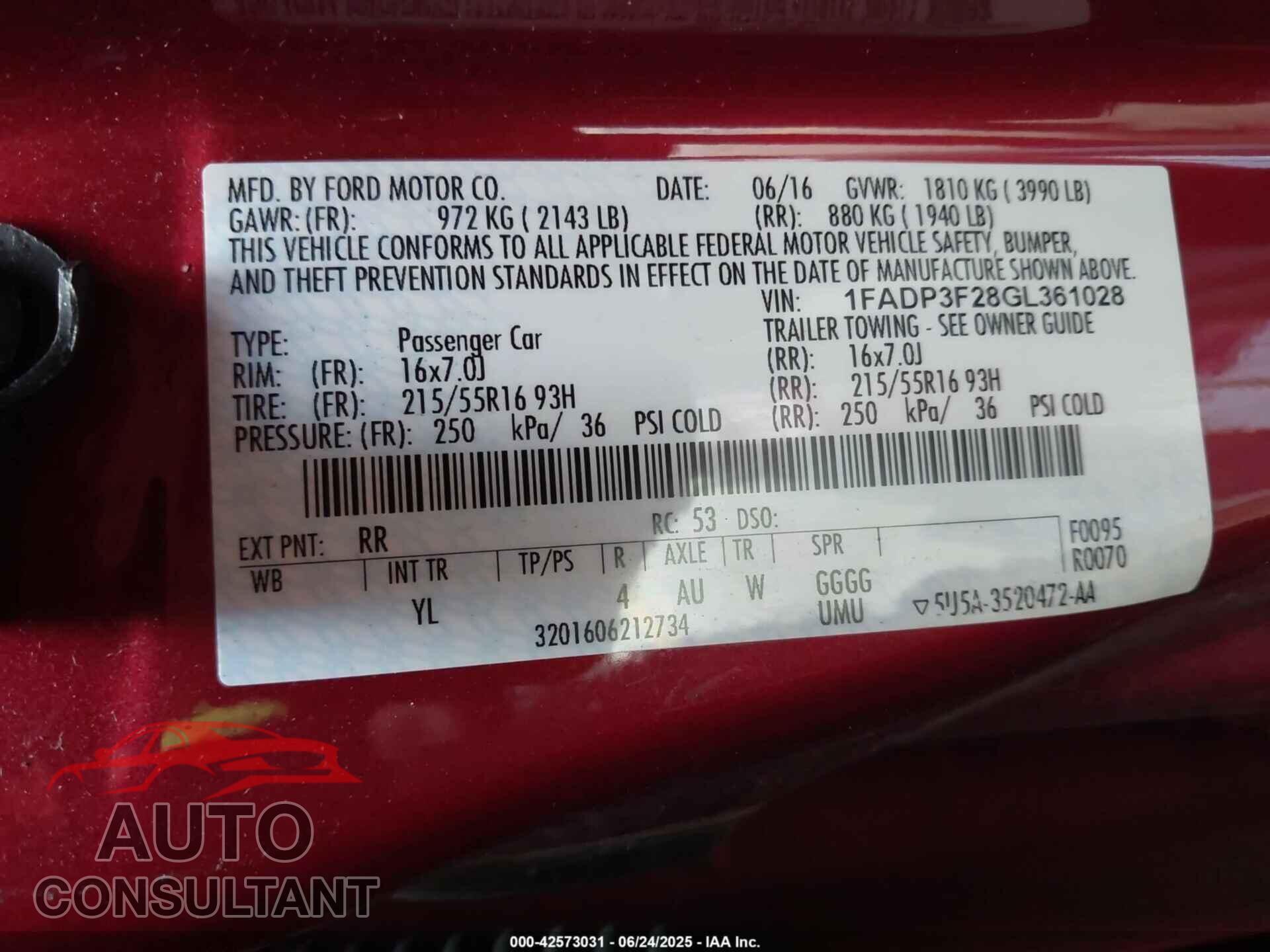 FORD FOCUS 2016 - 1FADP3F28GL361028