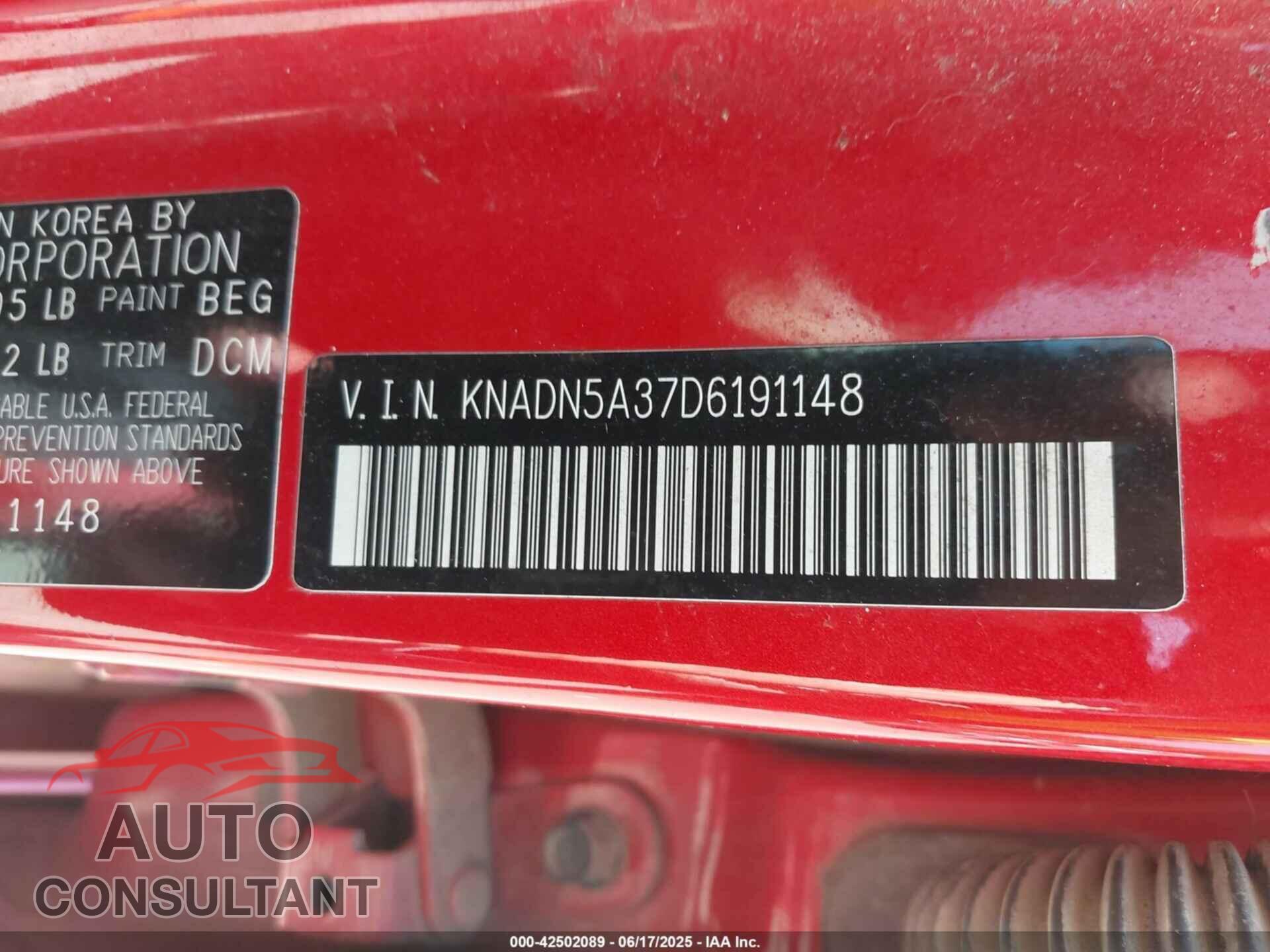 KIA RIO 2013 - KNADN5A37D6191148