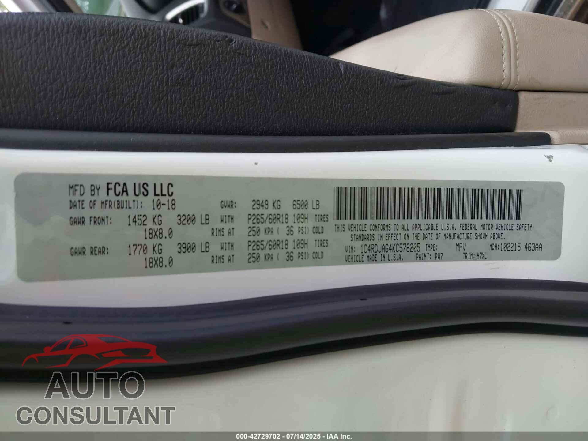 DODGE DURANGO 2019 - 1C4RDJAG4KC576205