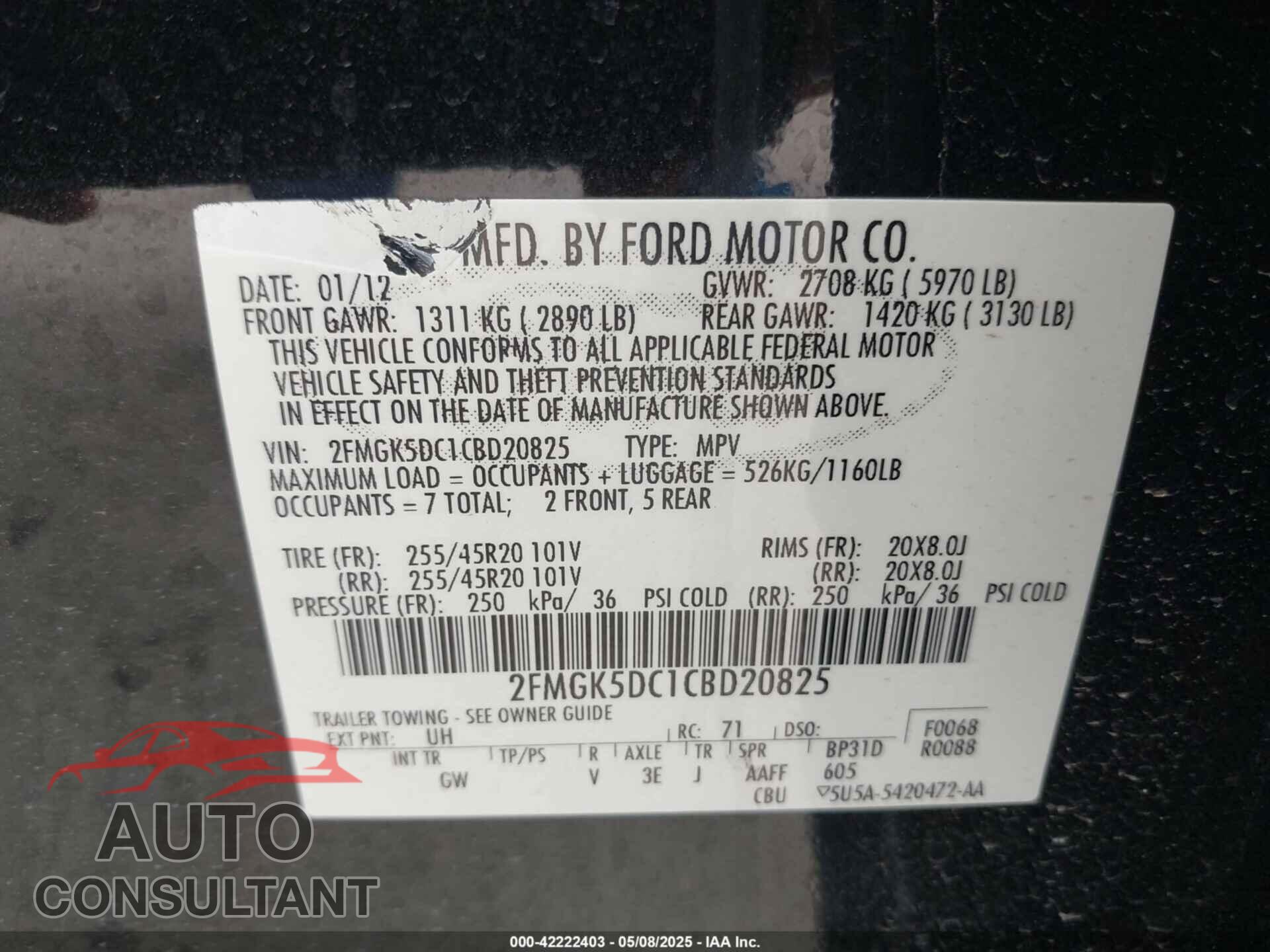 FORD FLEX 2012 - 2FMGK5DC1CBD20825