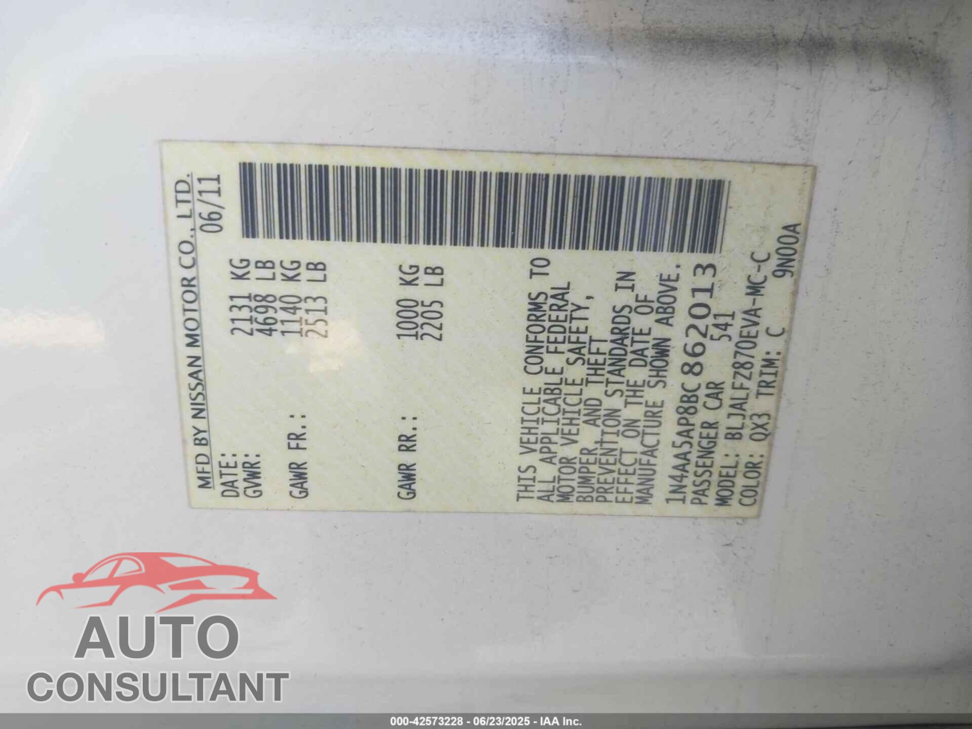 NISSAN MAXIMA 2011 - 1N4AA5AP8BC862013