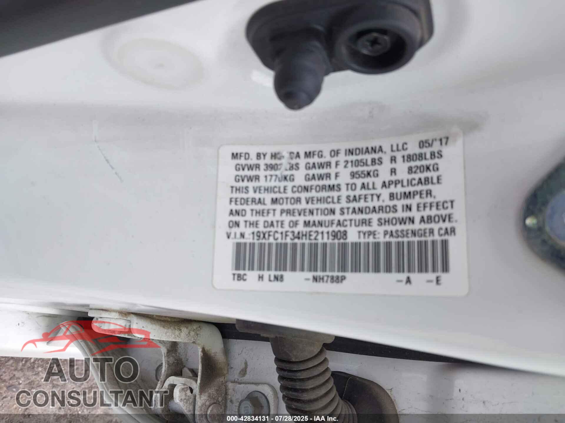 HONDA CIVIC 2017 - 19XFC1F34HE211908