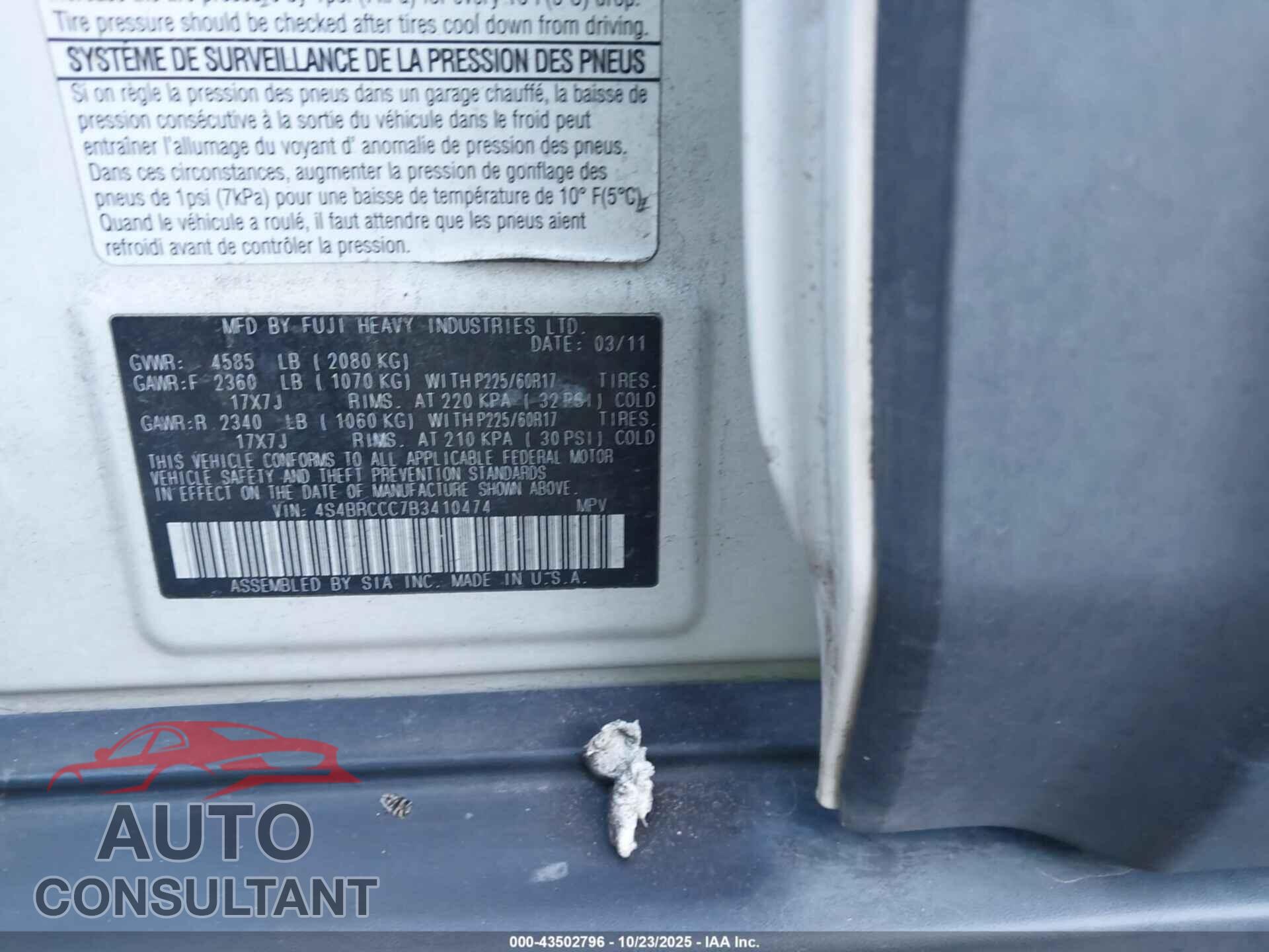 SUBARU OUTBACK 2011 - 4S4BRCCC7B3410474