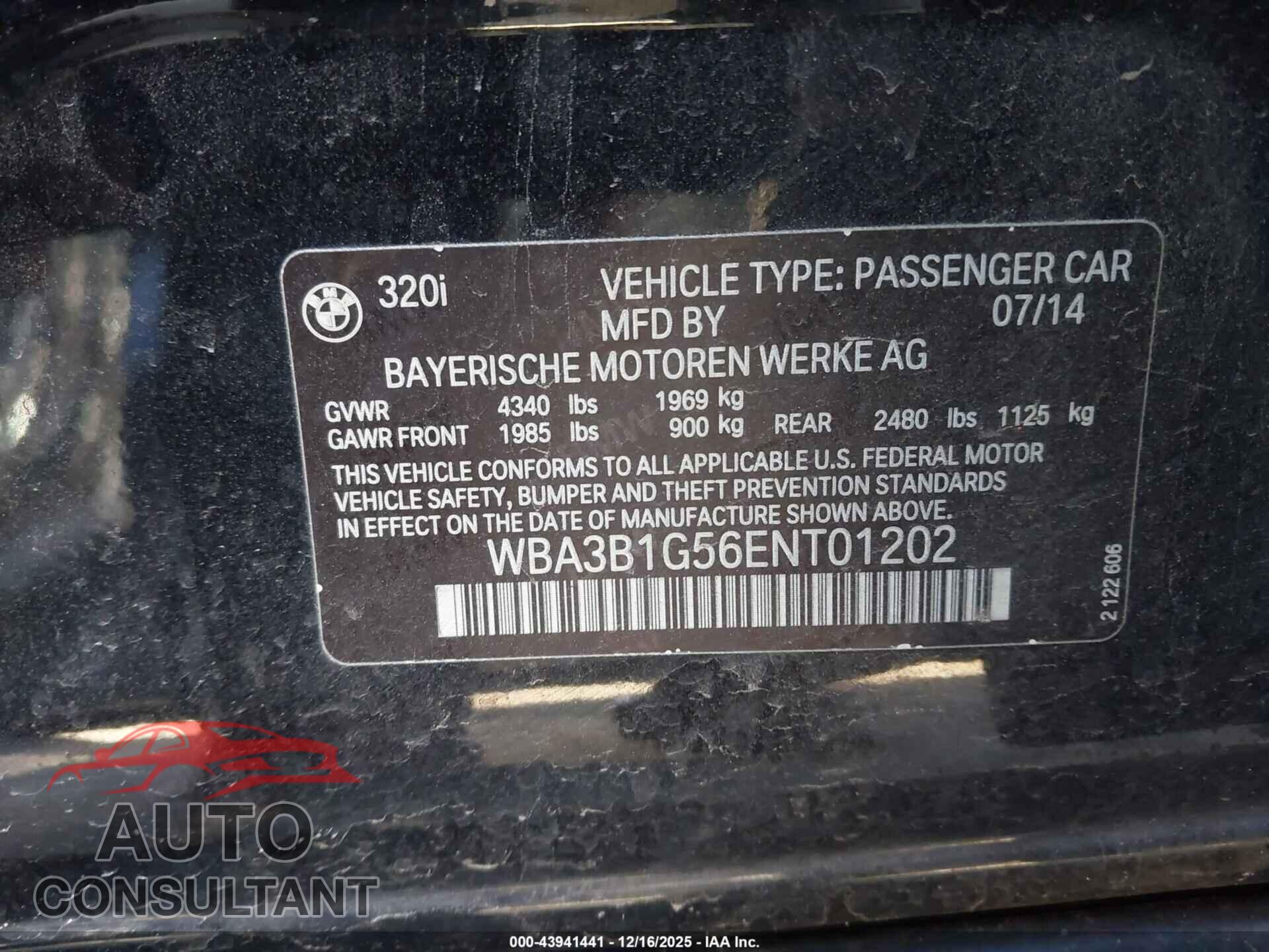 BMW 320I 2014 - WBA3B1G56ENT01202