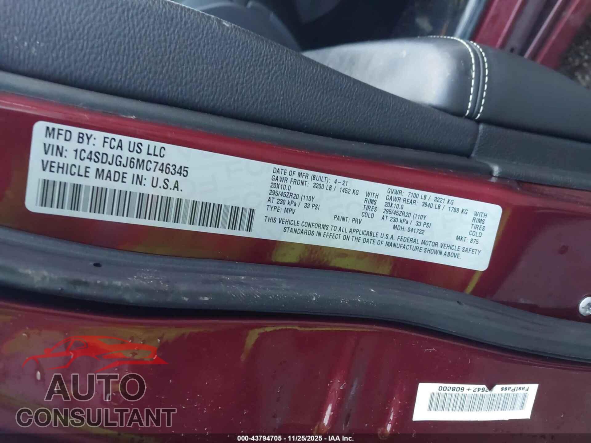 DODGE DURANGO 2021 - 1C4SDJGJ6MC746345