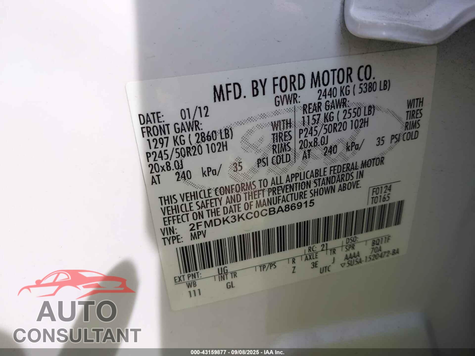 FORD EDGE 2012 - 2FMDK3KC0CBA86915