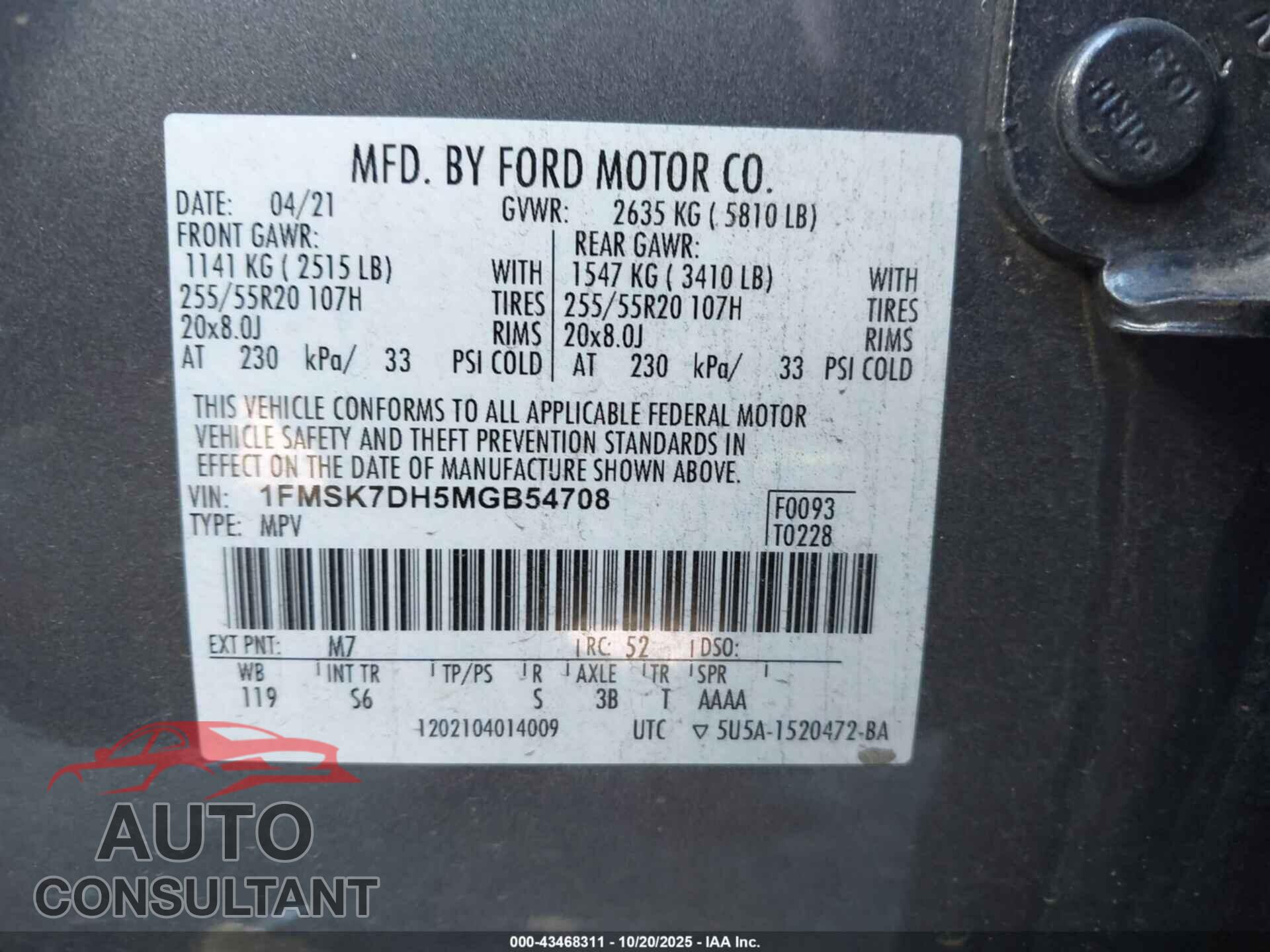 FORD EXPLORER 2021 - 1FMSK7DH5MGB54708