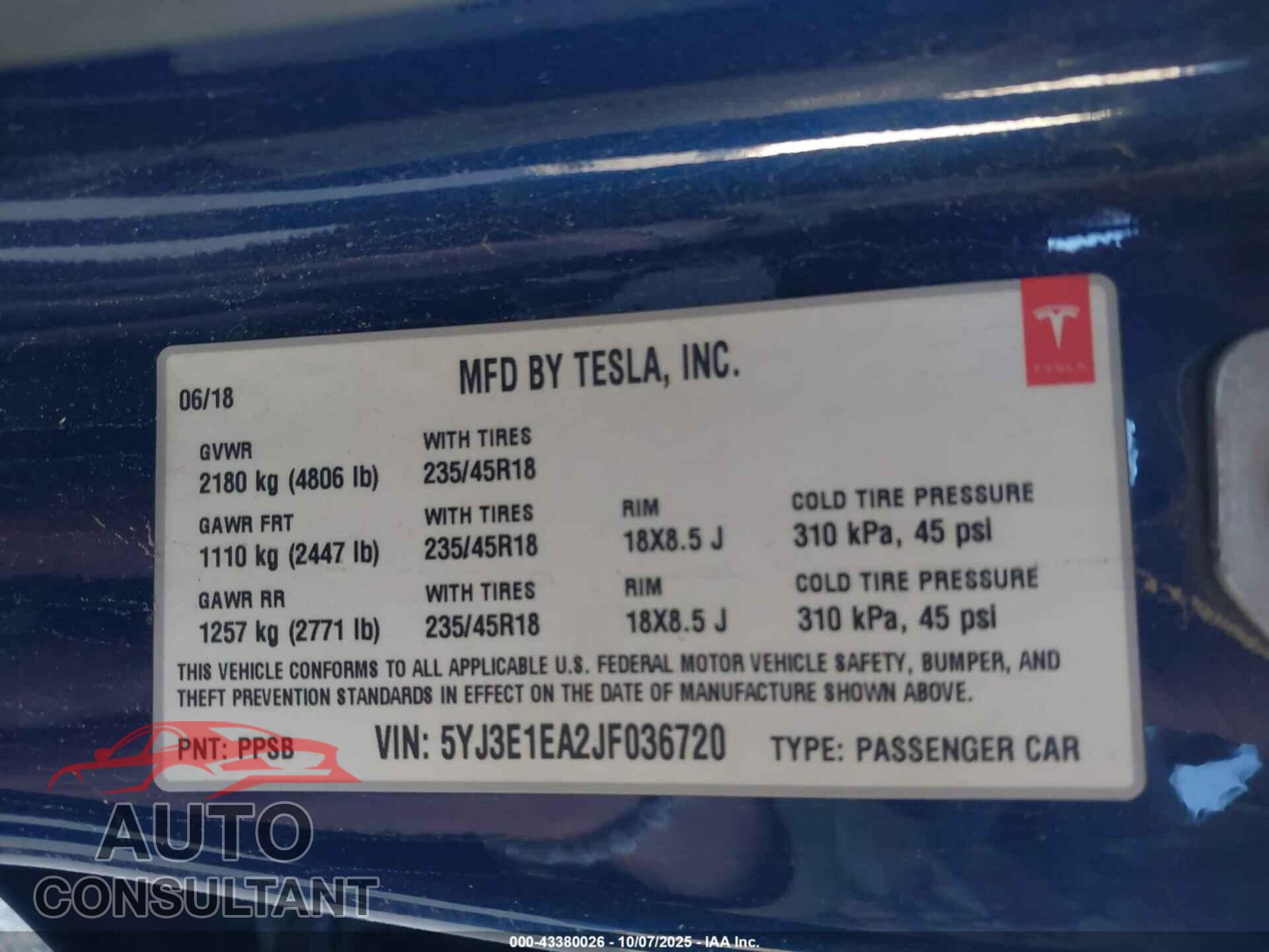 TESLA MODEL 3 2018 - 5YJ3E1EA2JF036720
