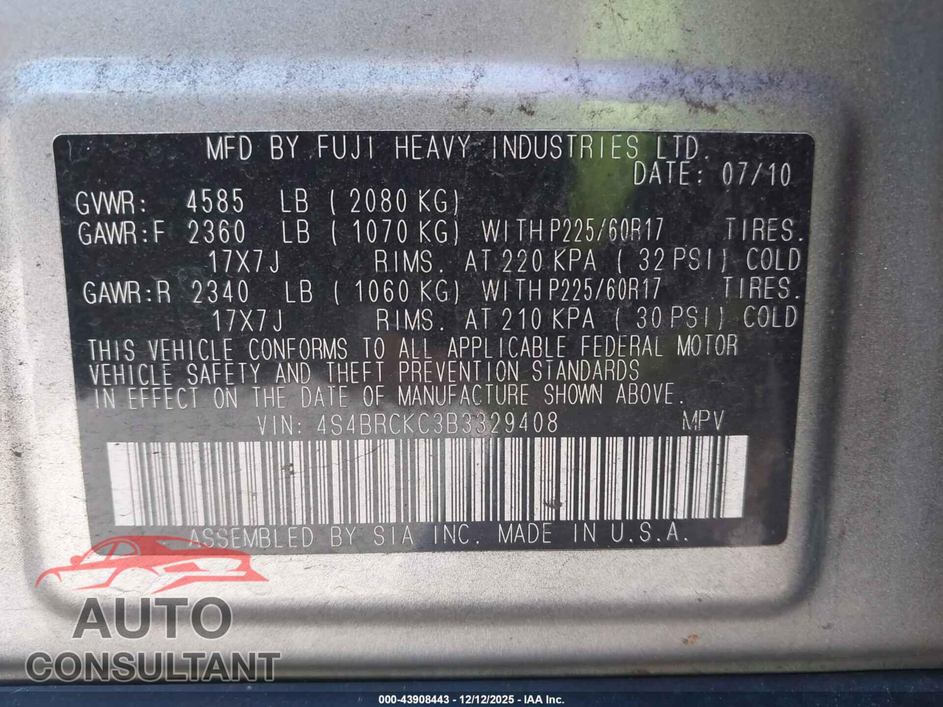 SUBARU OUTBACK 2011 - 4S4BRCKC3B3329408