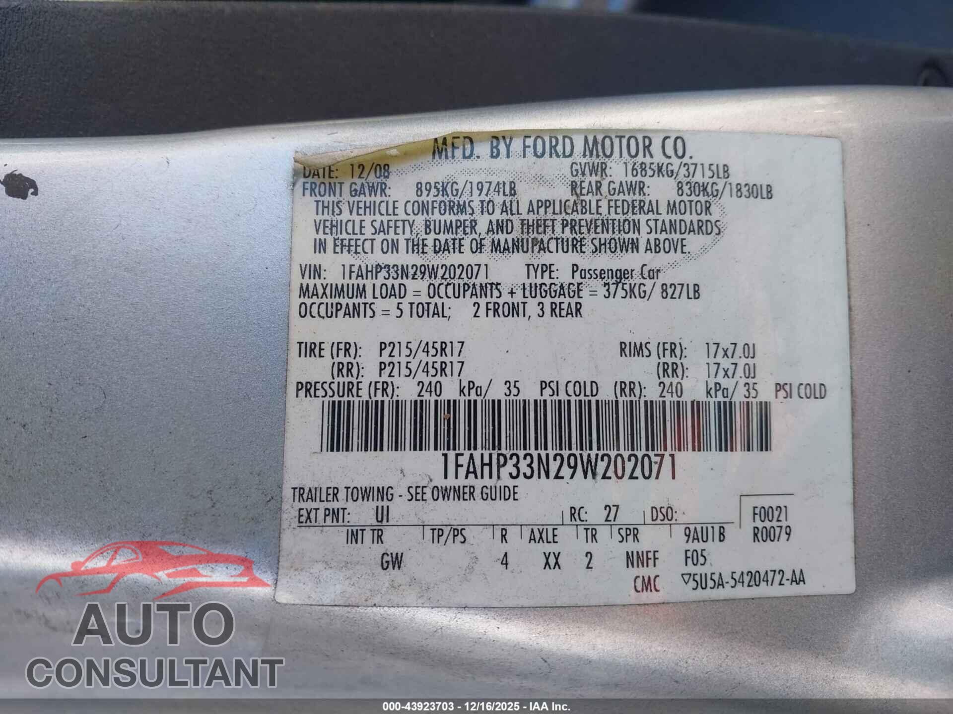 FORD FOCUS 2009 - 1FAHP33N29W202071