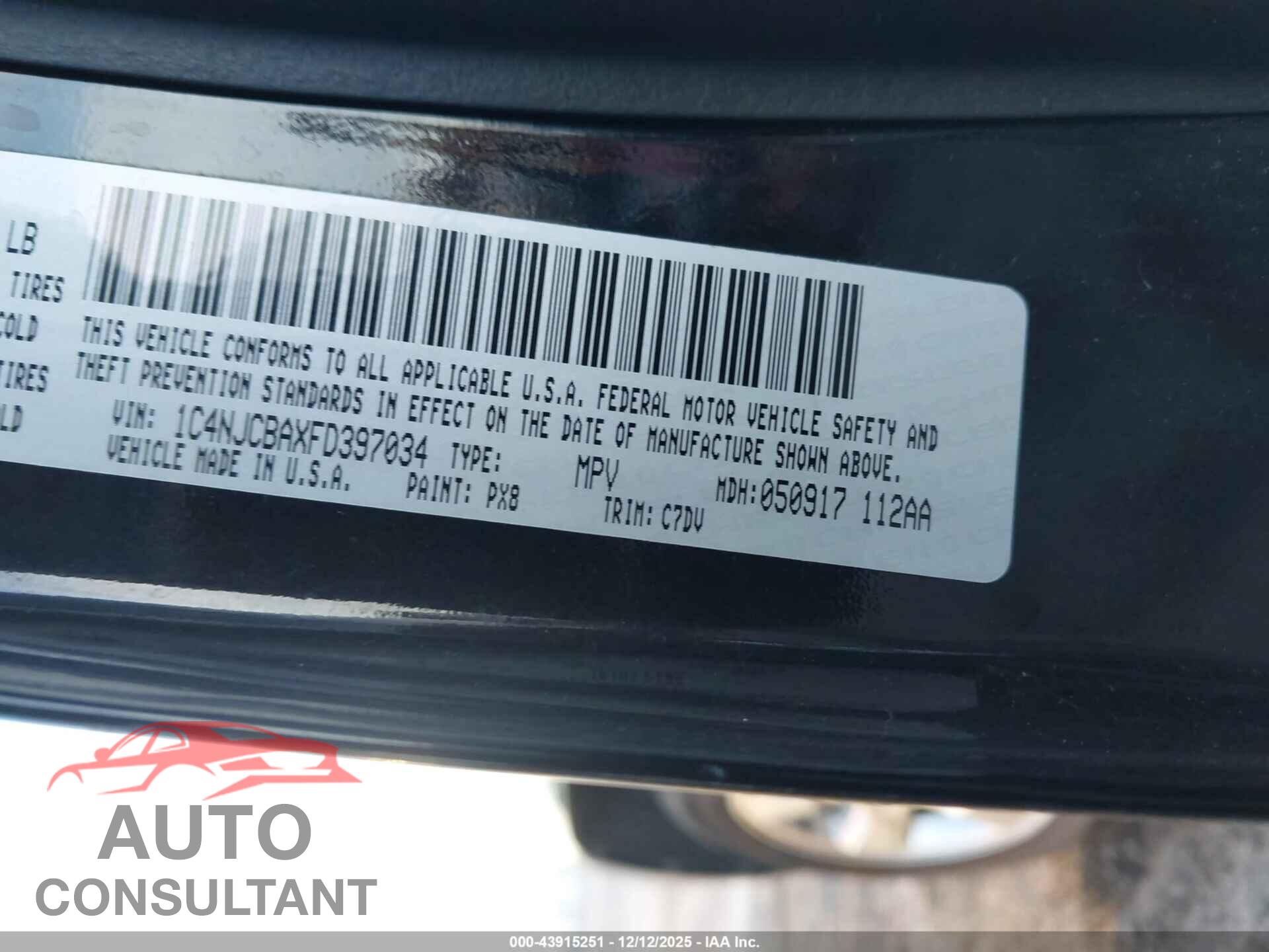 JEEP COMPASS 2015 - 1C4NJCBAXFD397034