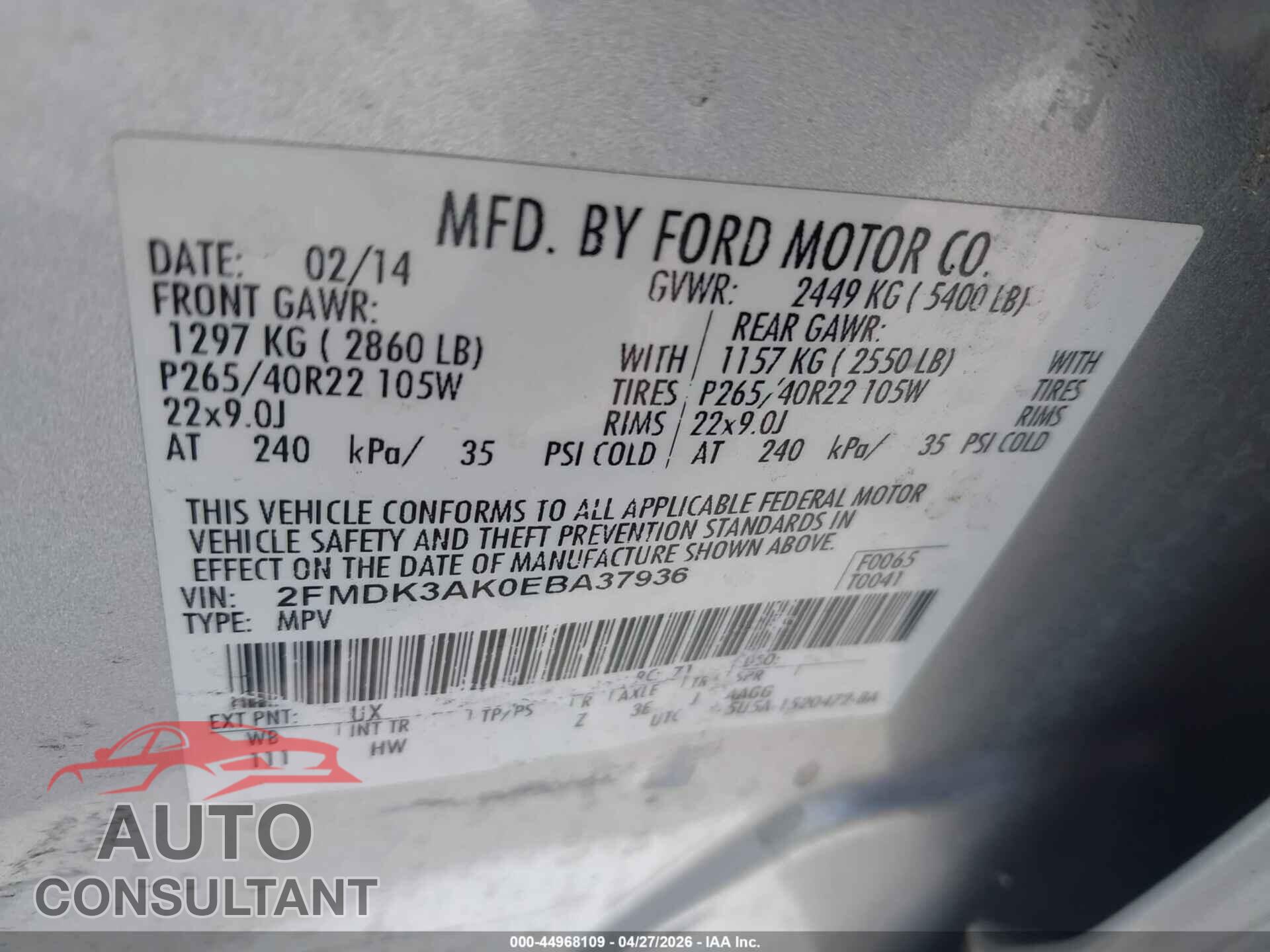 FORD EDGE 2014 - 2FMDK3AK0EBA37936