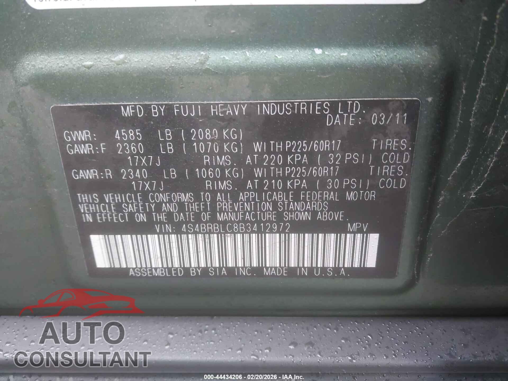 SUBARU OUTBACK 2011 - 4S4BRBLC8B3412972