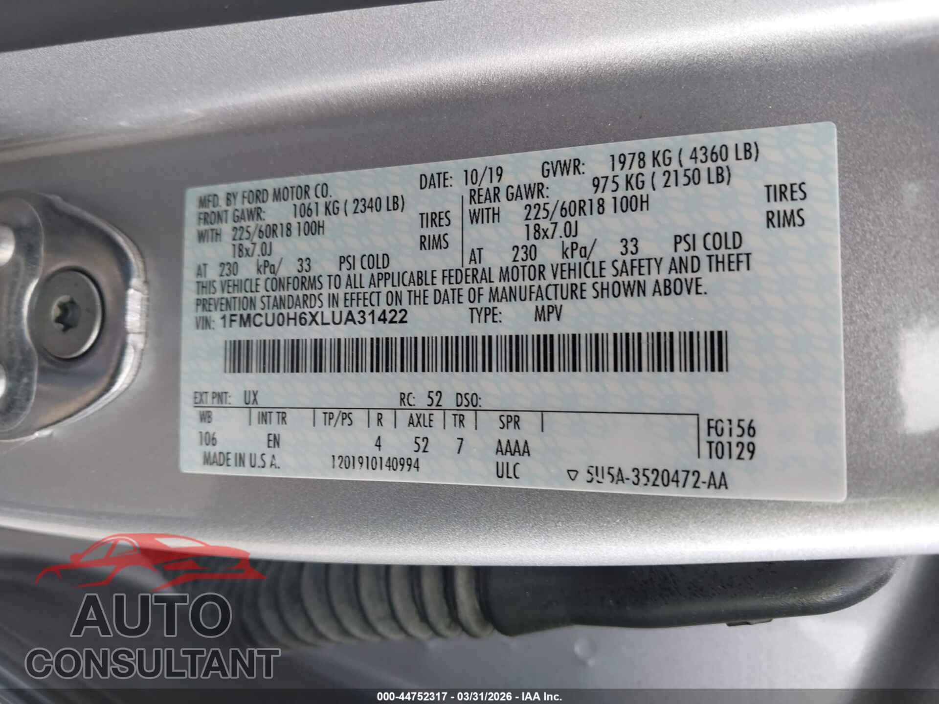 FORD ESCAPE 2020 - 1FMCU0H6XLUA31422