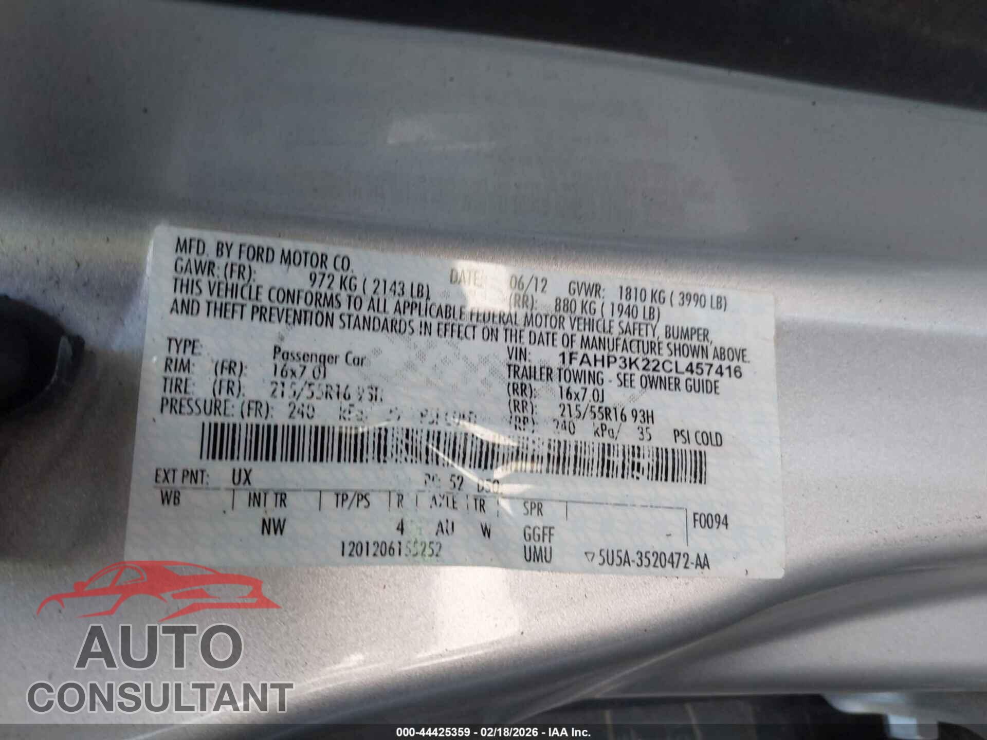 FORD FOCUS 2012 - 1FAHP3K22CL457416