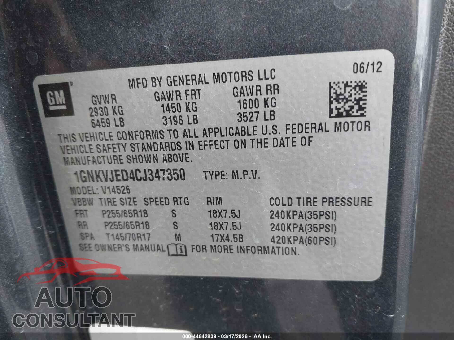 CHEVROLET TRAVERSE 2012 - 1GNKVJED4CJ347350